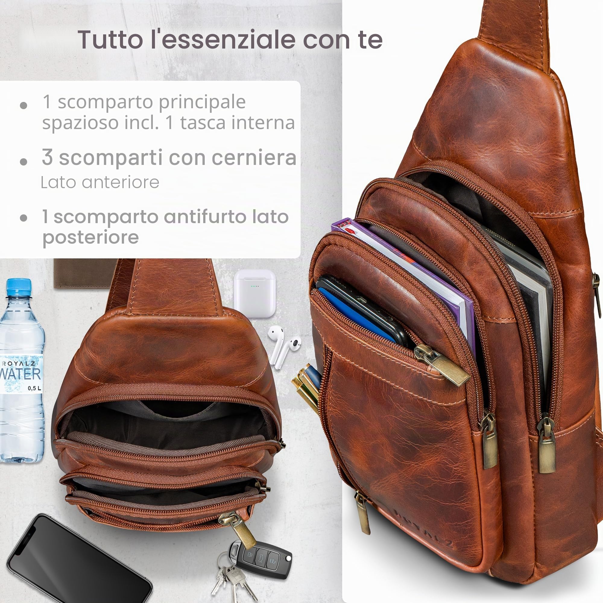 ROYALZ "Portofino" Zaino Monospalla Uomo Pelle Vera - Crossbody Bag Borsello a Tracolla Piccolo Moderno - Marsupio Antifurto per Viaggio e quotidiano