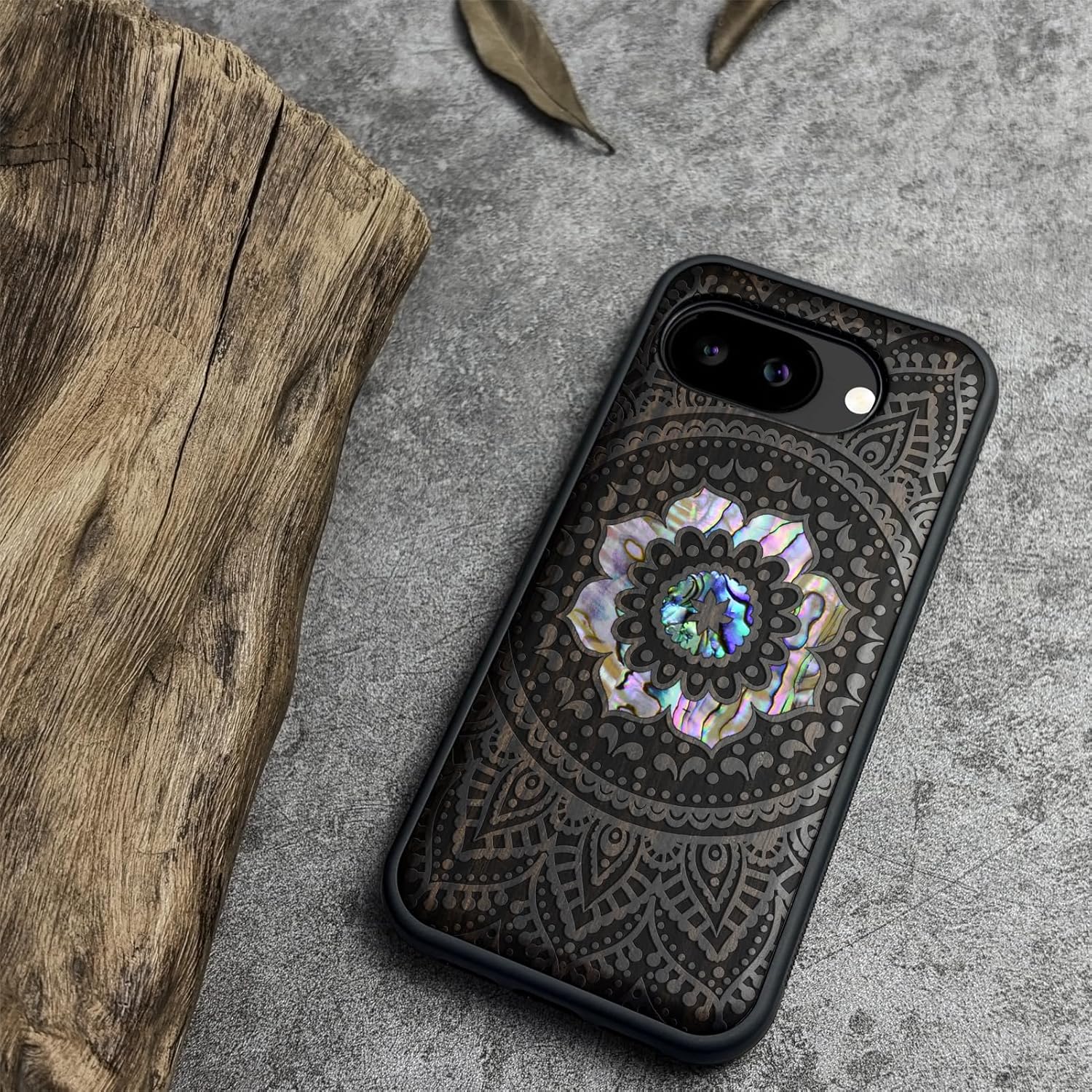 Carveit Magnetic Wooden Case for Google Pixel 10a Case, Wood Artisan Engraved & Handmade Shell Inlaid, Compatible with MagSafe Wireless Chargers (Mandala Pattern) Blackwood