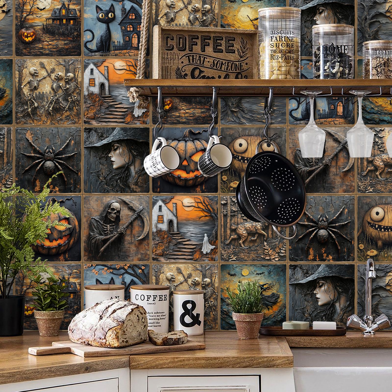Tokenhigh 24 Pcs Halloween Self Adhesive Wall Tiles, Halloween Elements Tile Stickers, 20x20cm Peel and Stick on Tiles Backsplash Tile Decals for Kitchen Bathroom (Halloween2)