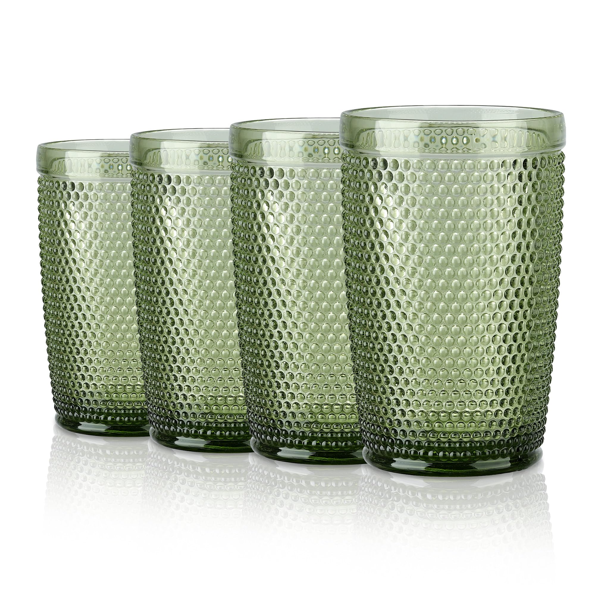 Joeyan Green Highball Drinking Glasses,Embossed Hobnail Beaded Water Glass Cups,Colored Bubble Tumbler Glasses,Glassware Set for Cocktail Soda Juice Beverage,12 oz,Set of 4,Dishwasher Safe