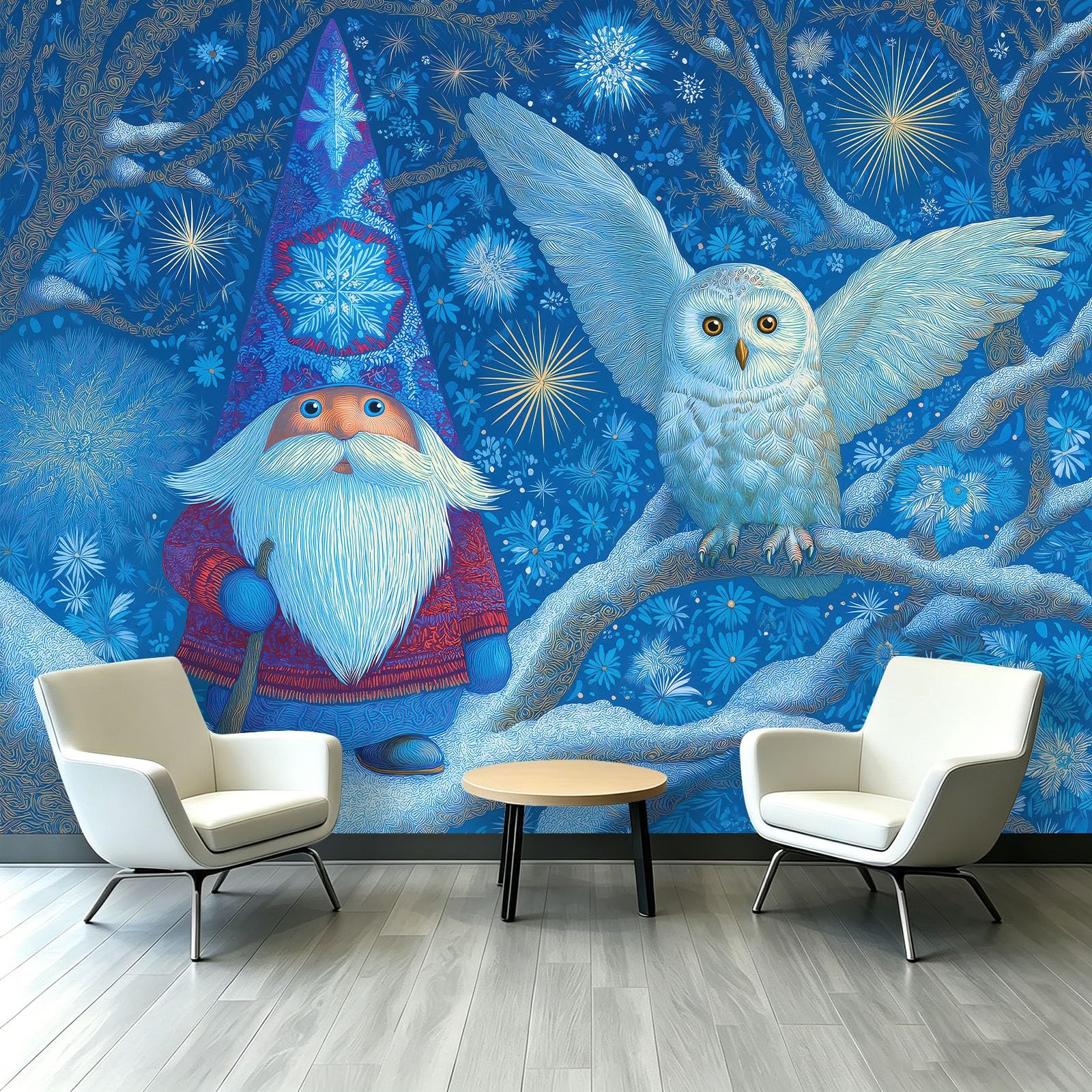 Générique Tapeta z włókniny - Sowa Harfang gnomy płatki 250 x 175 cm Fantazyjne Boże Narodzenie 3D Panoramiczna ściana XXL - Fototapeta - Dekoracja ścienna do salonu, sypialni