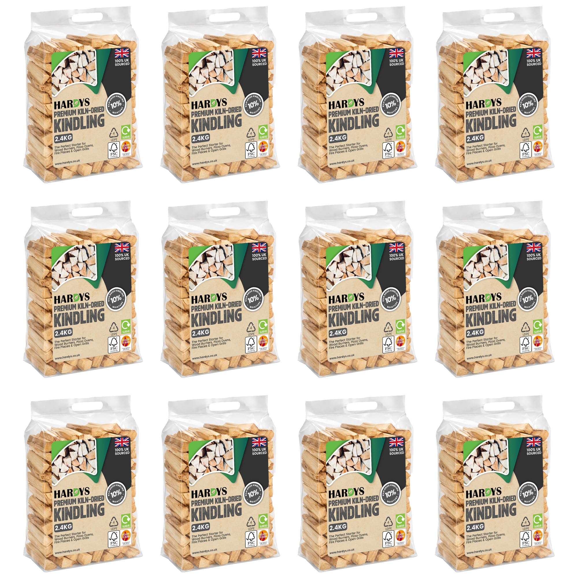Hardys Kindling Wood, 12 Pack - 28.8 Kg (12 x 2.4kg) Approx. | Natural Instant Light Firewood Logs, Smokeless - Kiln Dried - BBQ, Fire Heat Logs for Burner, Pizza Oven, Open Fire Pit