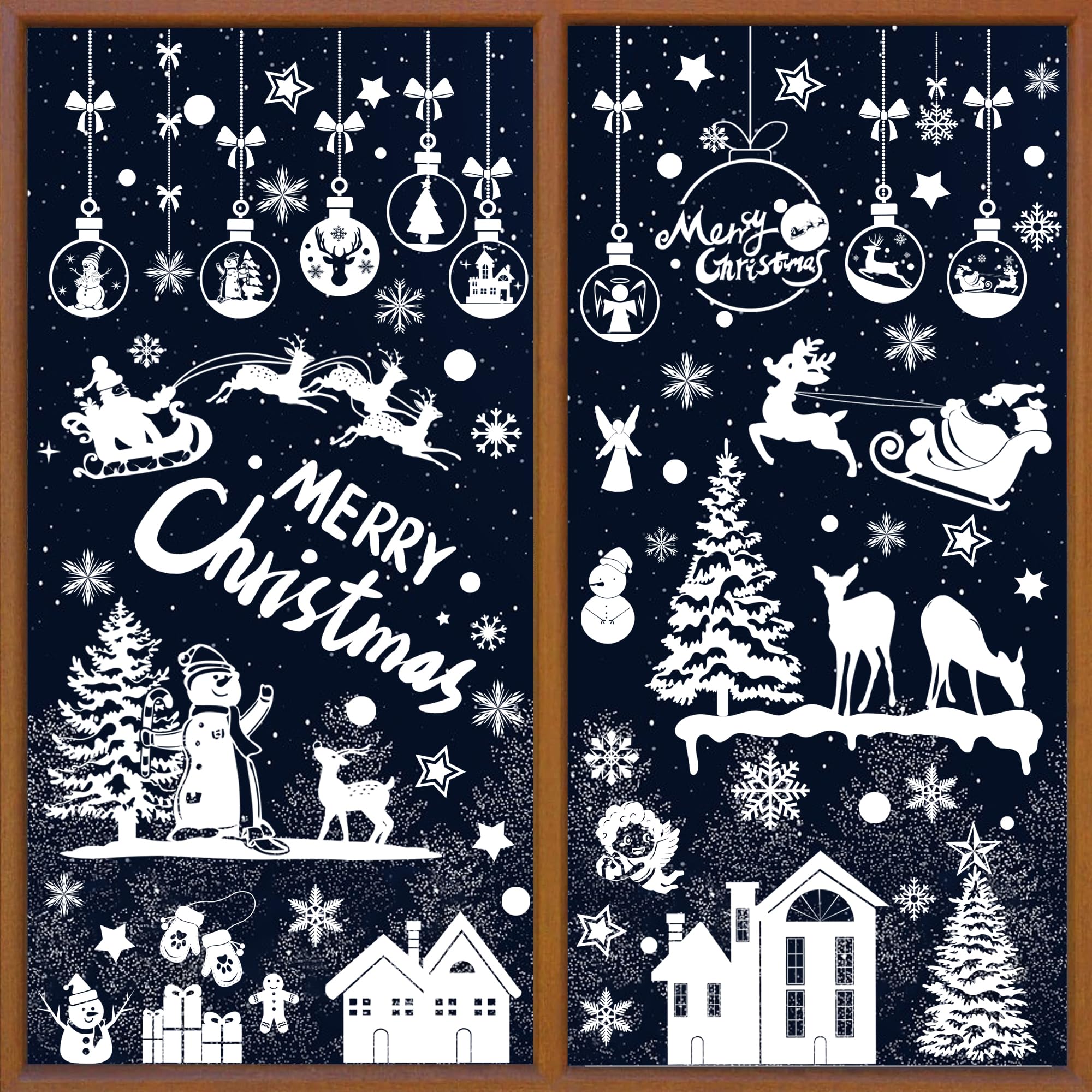 Leuoso White 9 Sheets Christmas Window Stickers,256Pcs Double Sided Pvc Static Xmas Window Clings, Christmas Tree Snowflake Snowman Window Party Decorations Sticker