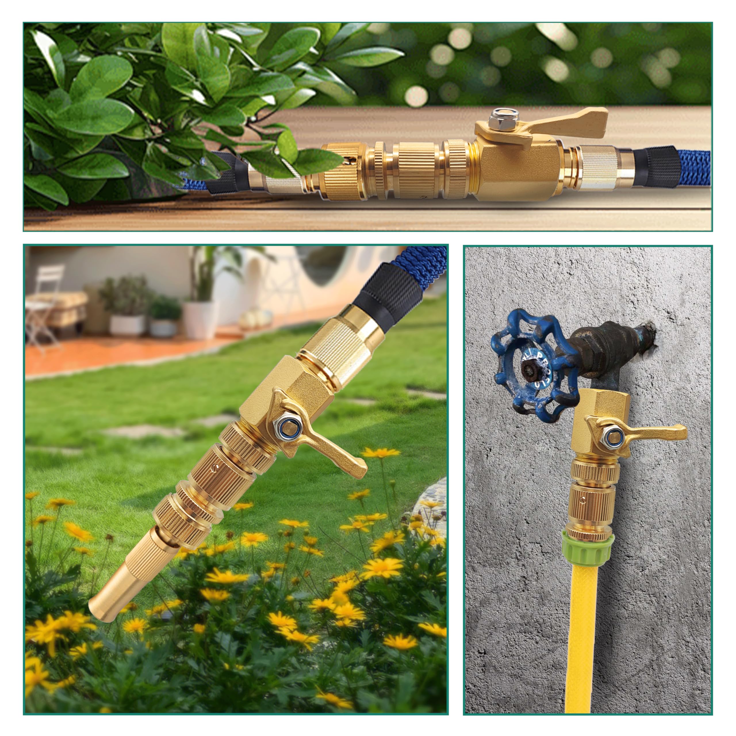 Kit de conectores de manguera de jardín resistentes, paquete de 2 válvulas de cierre de manguera de jardín de flujo completo de 3/4 pulgadas GHT y manguera de jardín de latón macizo,