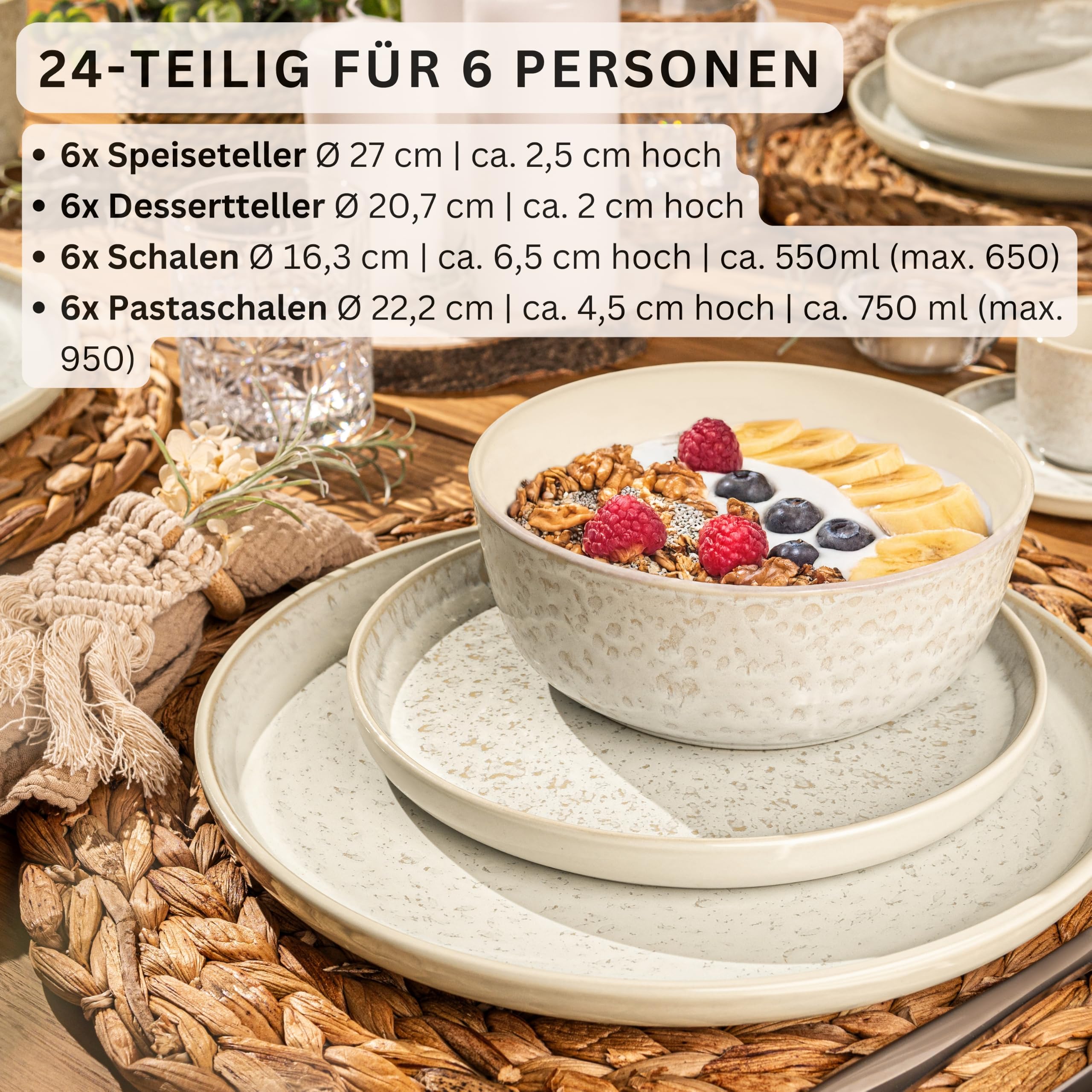 SÄNGER Key West | Steingut Geschirr Set 24 tlg, Teller Set 6 Personen, 6x Speiseteller, Müslischalen, Dessertteller, Pastaschalen, Tafelservice Creme Farben mit Sandiger Maserung | VALUE COLLECTION
