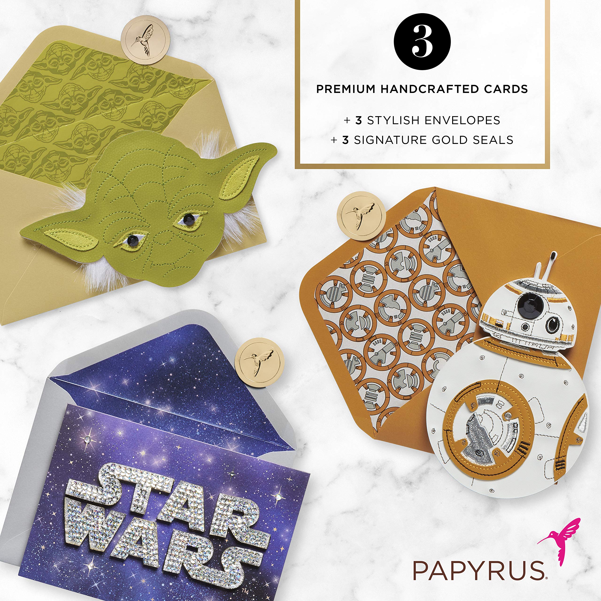 Set Di 3 Biglietti Di Auguri Papyrus Star Wars – Compleanno Con Personaggi BB-8 E Yoda