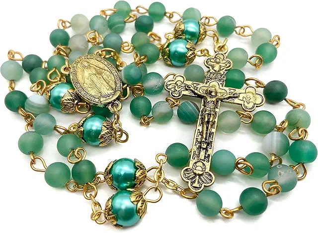 Catholic Gold Rosary Necklace with Green Stone Beads & Miraculous Medal