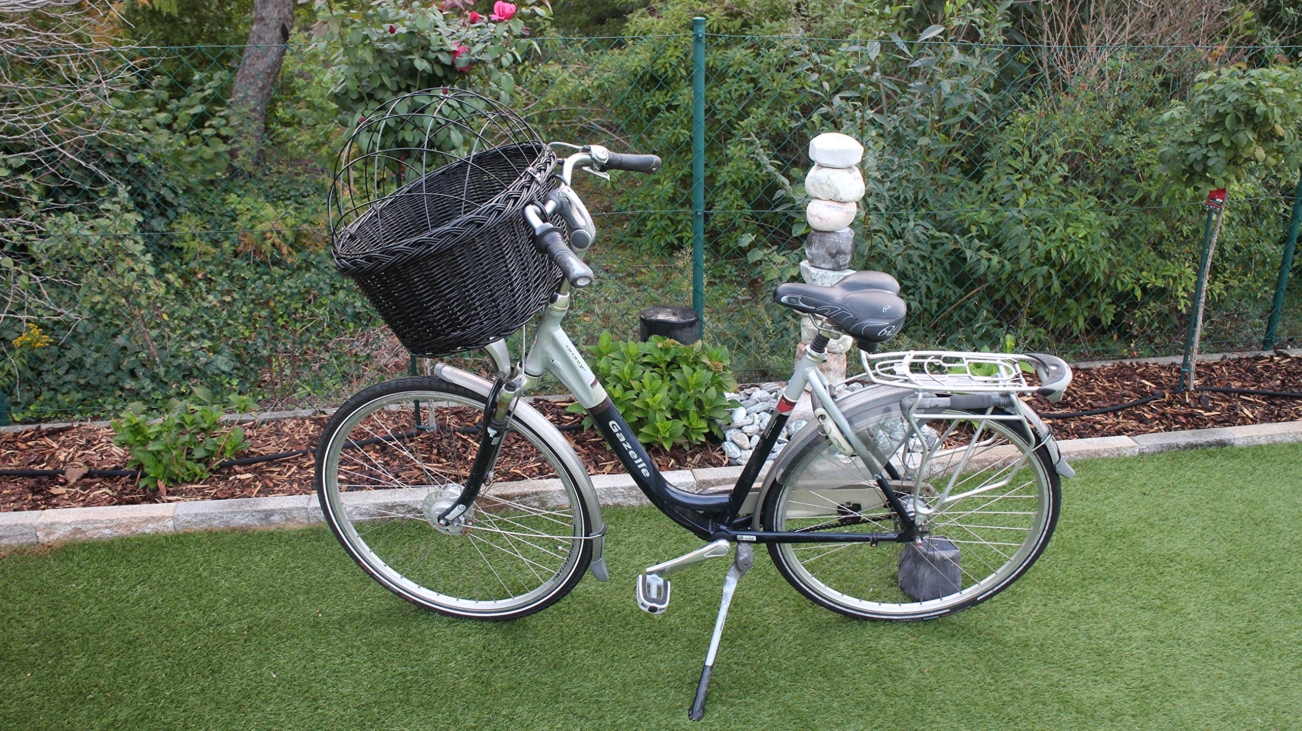 Hundefahrradkorb für Fahradlenker aus Weide in Schwarz mit Metallgitter und Kissen Verschiedene Größen Lenkrad Weidenkorb Hundekorb Lenkerkorb Einkaufskorb Natur (XXL ohne Kissen)