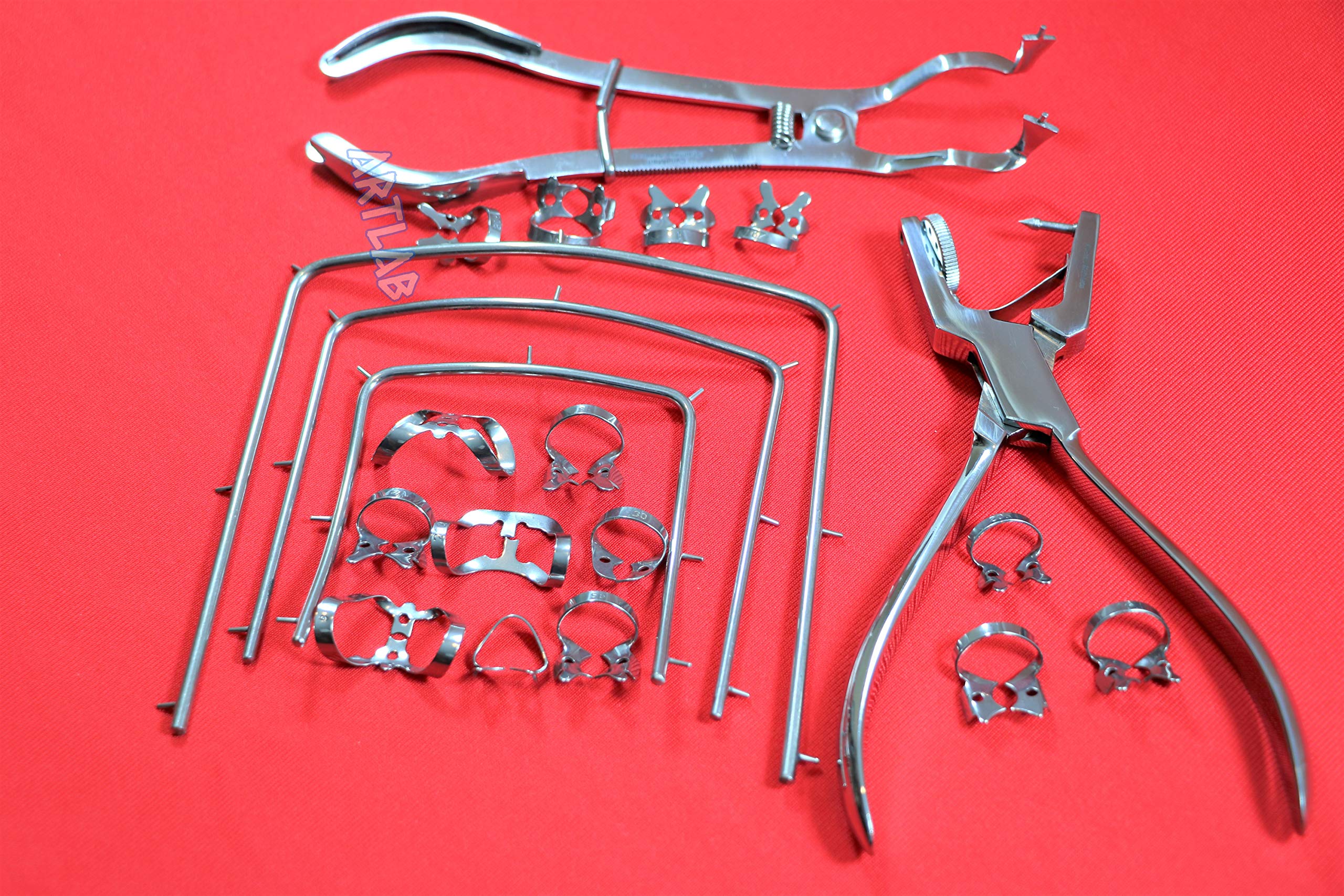 HIGH Grade Stainless Dental Rubber Dam Forceps Clamps + Punch Pliers + 15 Clamps + 3 Frames Sizes 3