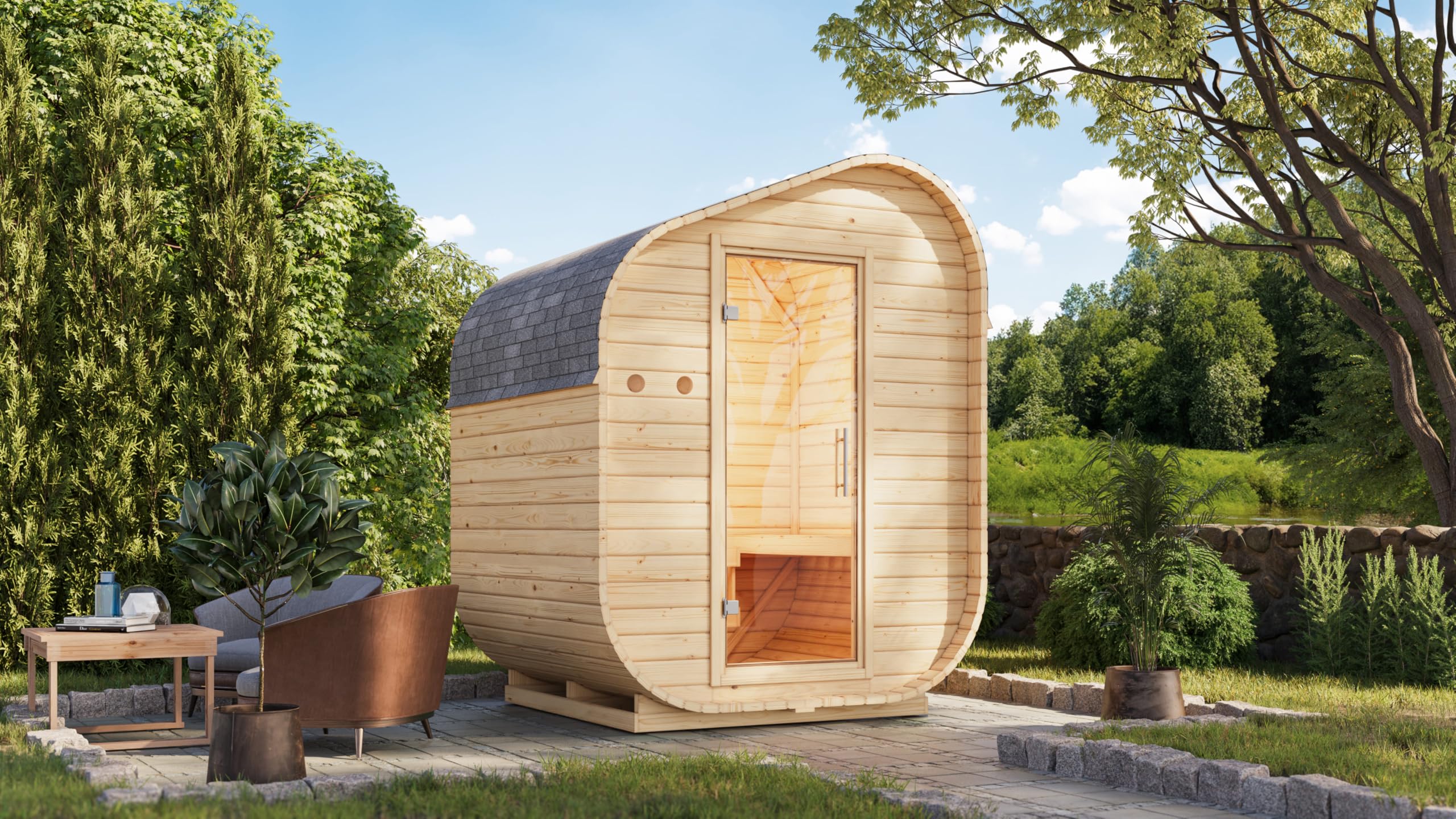 Karibu Fasssauna Carlotta in versch. Größen inkl. Saunaofen 9kW Außensauna Gartensauna (Größe M 175 cm)