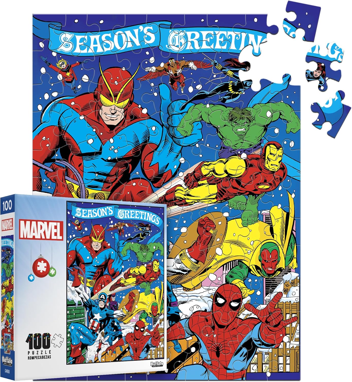 Buffalo Games – Marvel - Season's Greeting from Marvel - 1000 Piece Holiday Jigsaw Puzzle - Colorful, Christmas Puzzles for Adults – Precision-Cut Pieces, Winter Artwork, Festive Fun