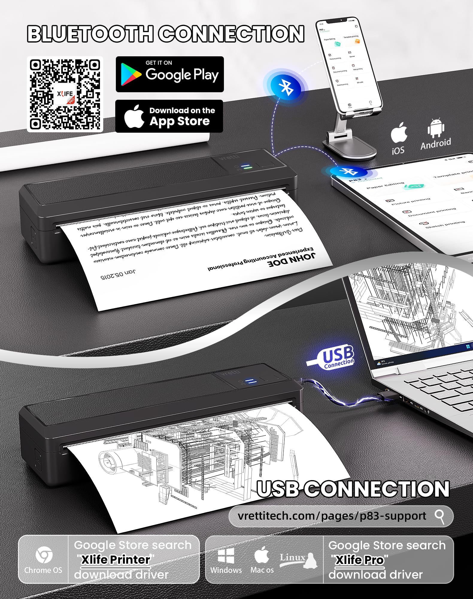vretti Stampante Portatile A4 Compatibile con Phone/PC/USB, Bluetooth | Wireless Stampante Termica Stampa Contratti/Ricevute/Documenti,Nero