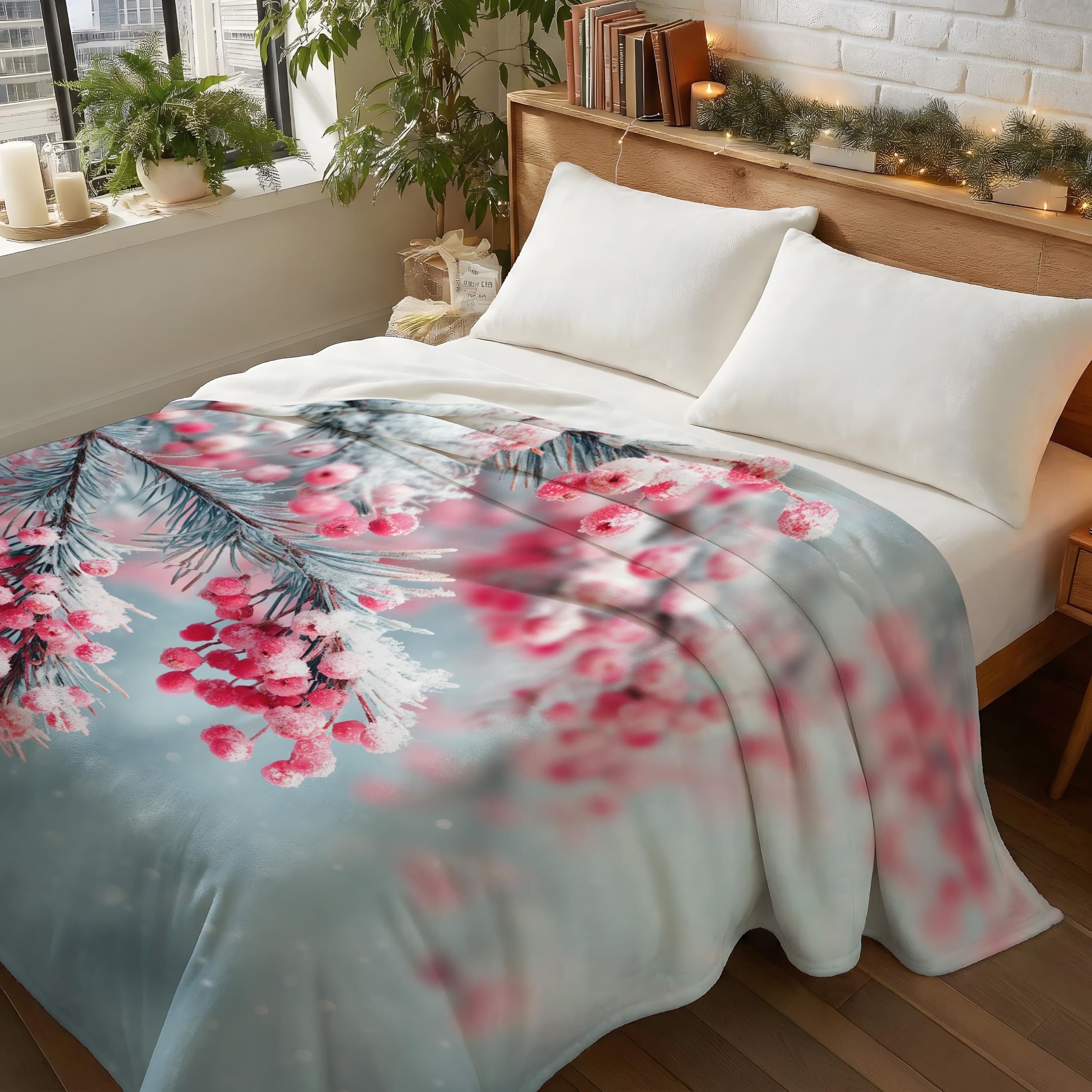 Generico Coperta Singolo Grigio Nebbia Lavabile in Lavatrice, Calda e Confortevole Coperte Pelosa per Divano e Letto, Floreale Bacche Ghiacciate Inverno Coperta Delicata sulla Pelle 150 x 200 cm
