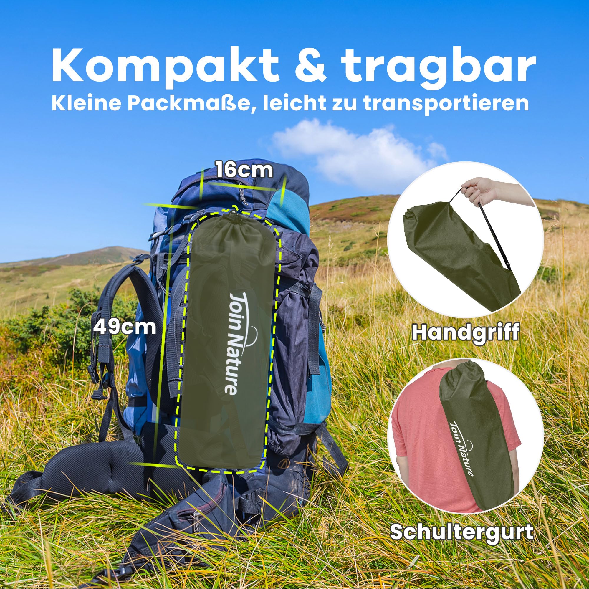 Join Nature Ultralekkie łóżko kempingowe, składane, dla dorosłych, przenośne łóżko polowe, składane łóżko polowe, obciążenie 150 kg, leżak kempingowy do namiotów, wędrówek i podróży z plecakiem