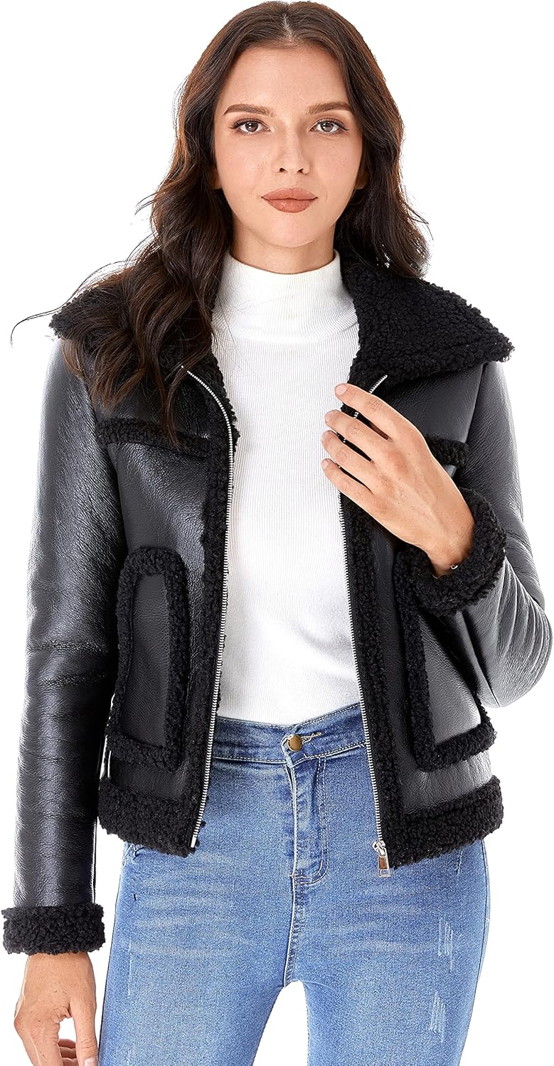 DIASHINY Women's Faux Shearing Fur Winter Coat Warm Thick Fur Lined Faux Leather Jacket - Image 2