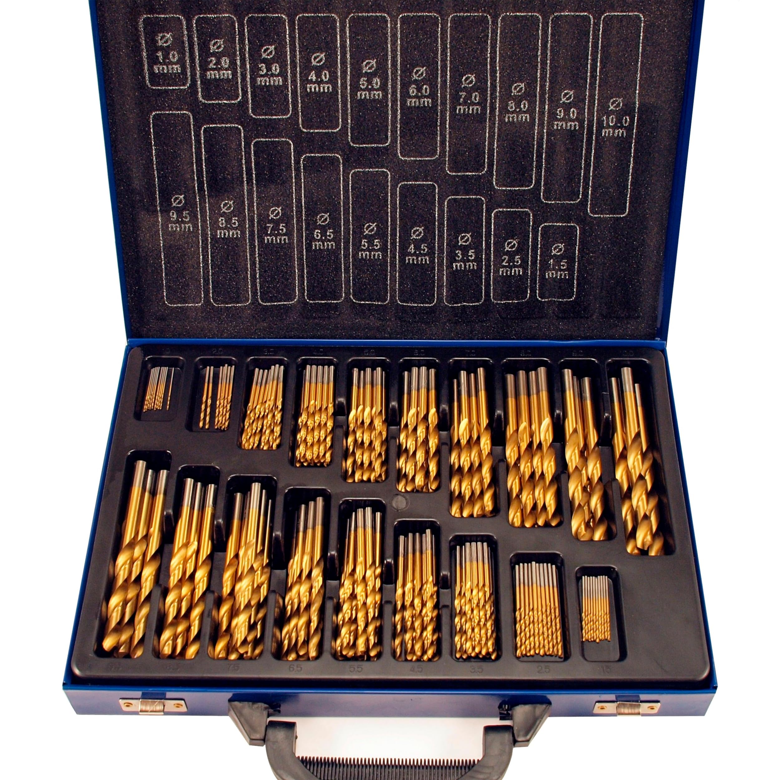 SIO Juego Brocas Titanio HSS 1-10 mm 170 Piezas en Maleta – Brocas para Metal Acero Hierro y Aluminio – Kit Profesional Recubrimiento Titanio para Taladro - Kit Brocas Titan Recambio Taller
