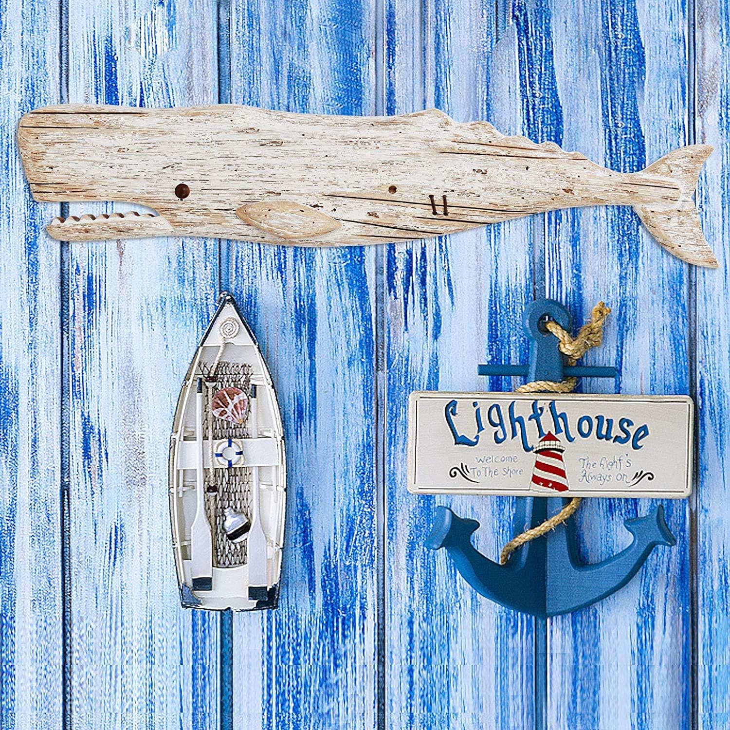 Hanging Wooden Whale Wall Art Ornament, Rustic Decorative Figurine Carving Sculpture, Nautical Ocean Beach Coastal Themed Home Decor Sign - 29.5''H