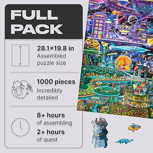 Miniatura 2 de UNIDRAGON Rompecabezas de madera con diseño original + IC4, juego de mesa de rompecabezas, aventuras espaciales Quezzle, paquete completo, 1000