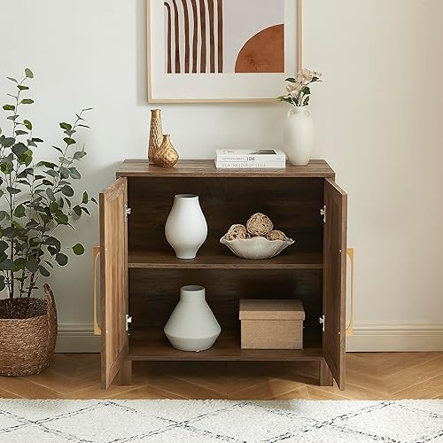 Vista 4 de EDYO LIVING Aparador de buffet con espejo, gabinete de almacenamiento moderno con puertas de vidrio de metal, mesa consola para sala de estar, Roble