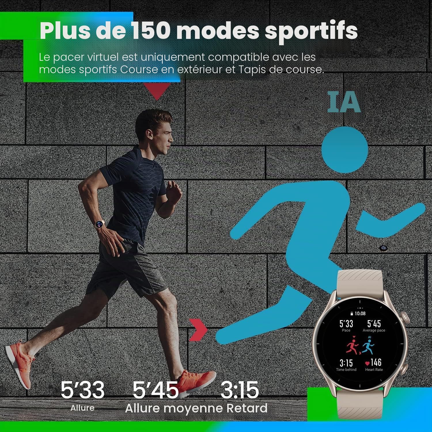Amazfit GTR 3, 46 mm, Montre Connectée avec Alexa, 1.39" AMOLED, Autonomie de 21 Jours, SpO2, 150+ Modes Sportifs, GPS, 5 ATM Etanche Smartwatch Sport (Noir)