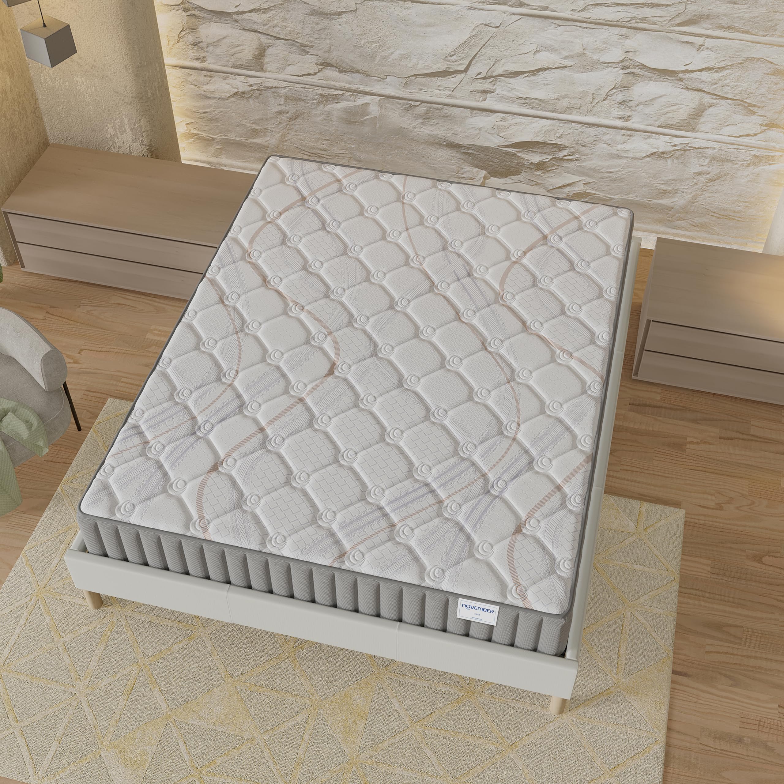NOVEMBER- Ensemble Matelas + sommier (120 x 190cm) - Matelas Sirius Latex Naturel & Mousse Haute Densité d’épaisseur 16cm + Sommier Bois Stable & Robuste revêtement Tissu Blanc
