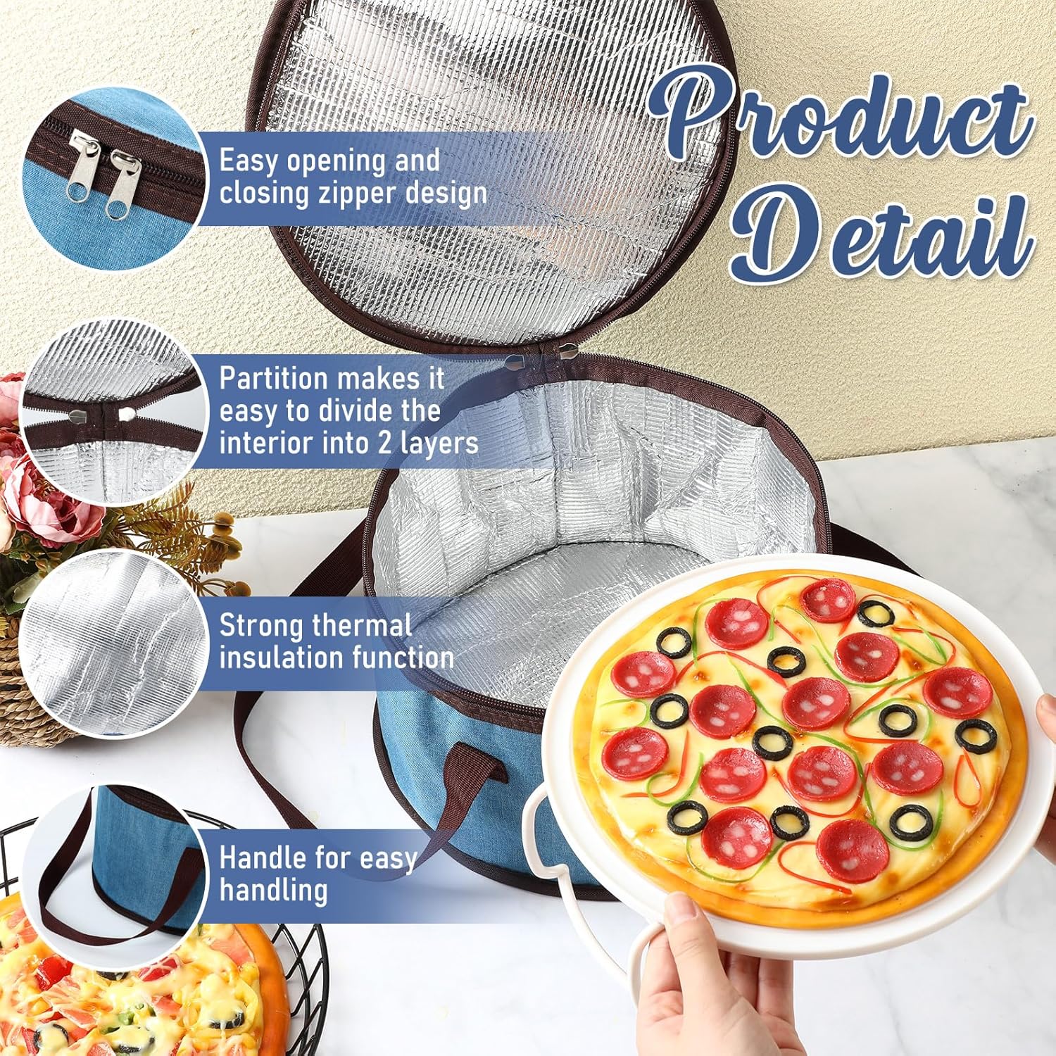 Yaomiao 2 Sets Round Pie Carrier 11 x 7 Inch with Dish Tray Plate Stacker Insulated Casserole Carrier with Lid and Handle Reusable Cooler Thermal Bags for Cold Food for Potluck Picnic (Blue and Brown)