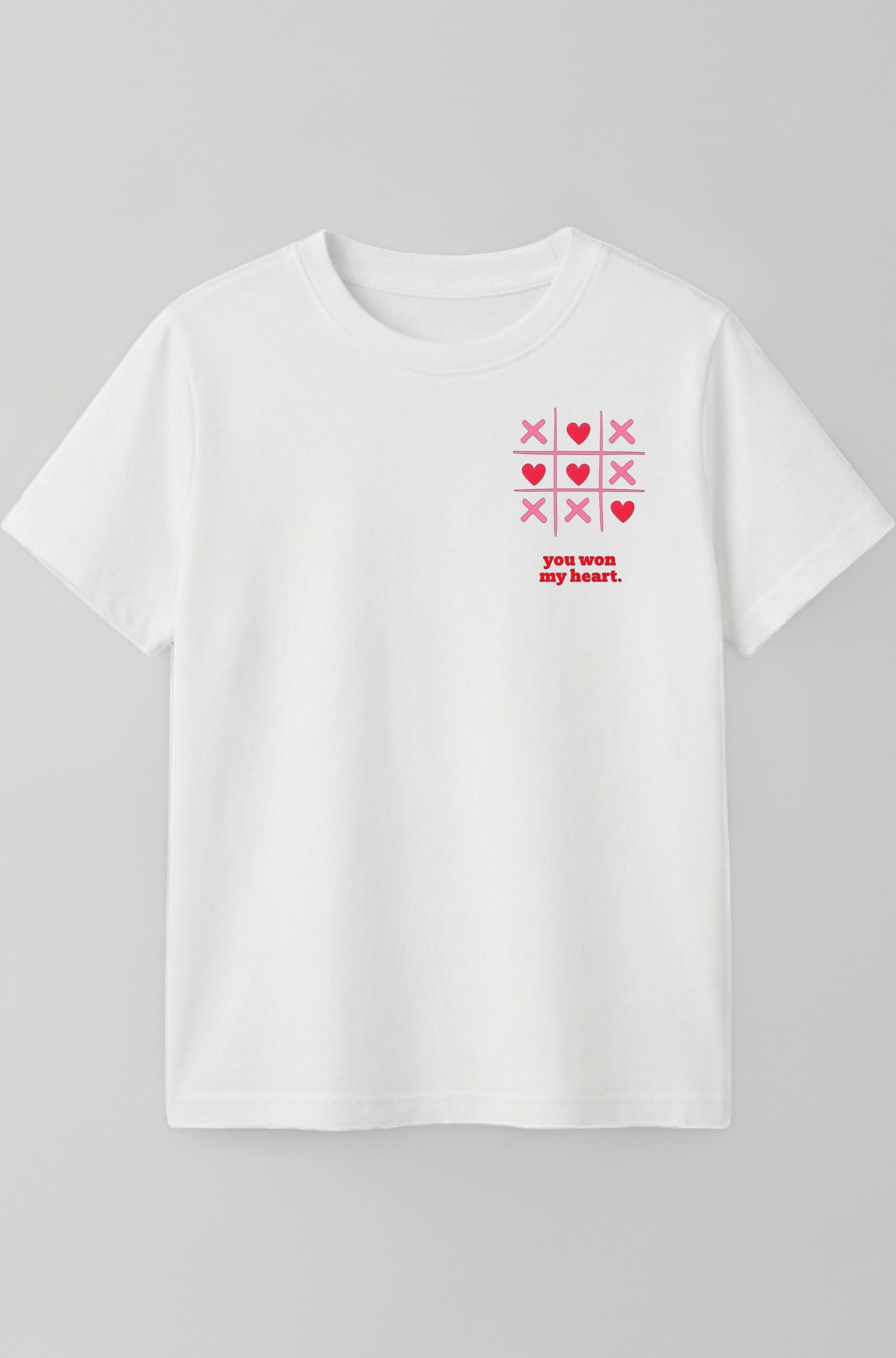 You Won My Heart Text Printed Round Neck White Crew Neck T-Shirt for Men & Women | Tic Tac Toe Heart and Cross Design | Valentine Gift Tee
