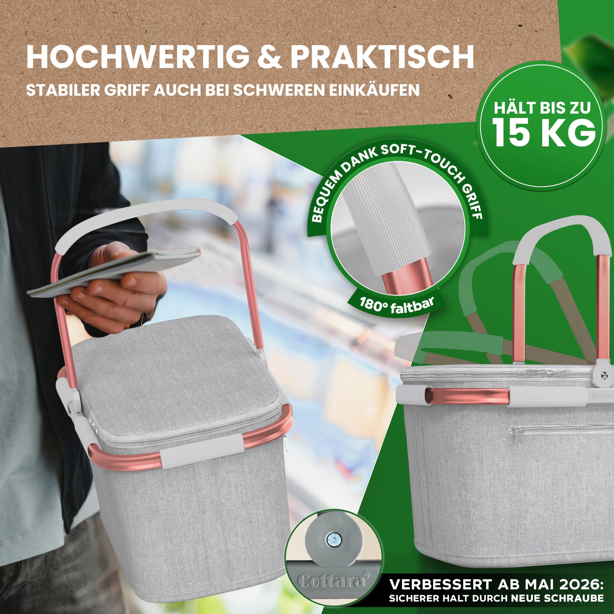Cottara® Grand panier isotherme avec couvercle, fond renforcé, compartiment avant avec fermeture éclair, idéal comme panier isotherme ou panier de pique-nique (gris clair rose)