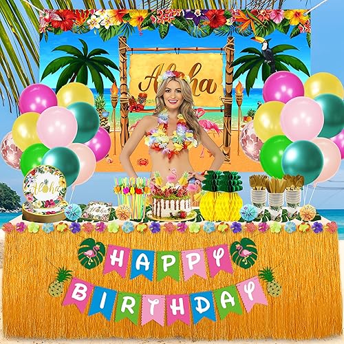 Miniatura 7 de Luau - Decoraciones para fiesta de cumpleaños, 323 piezas, suministros de fiesta hawaiana tropical Aloha para verano, playa, vacaciones, juego de