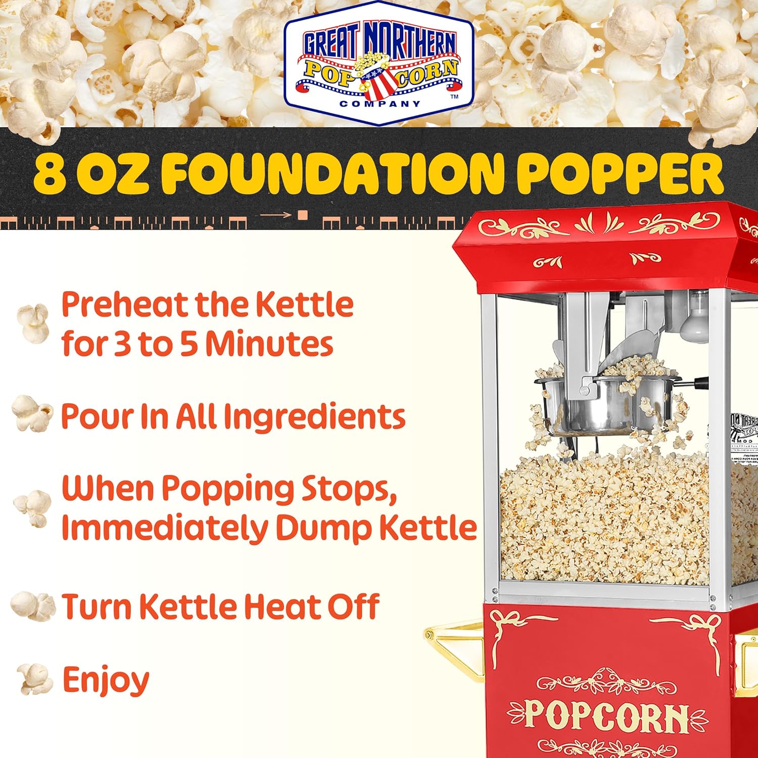Foundation Popcorn Maker Machine with Cart - 8oz Stainless Steel Kettle Makes up to 48 Cups - Movie Theater Style Vintage Popcorn Machine Cart on Wheels by Great Northern Popcorn (Red)