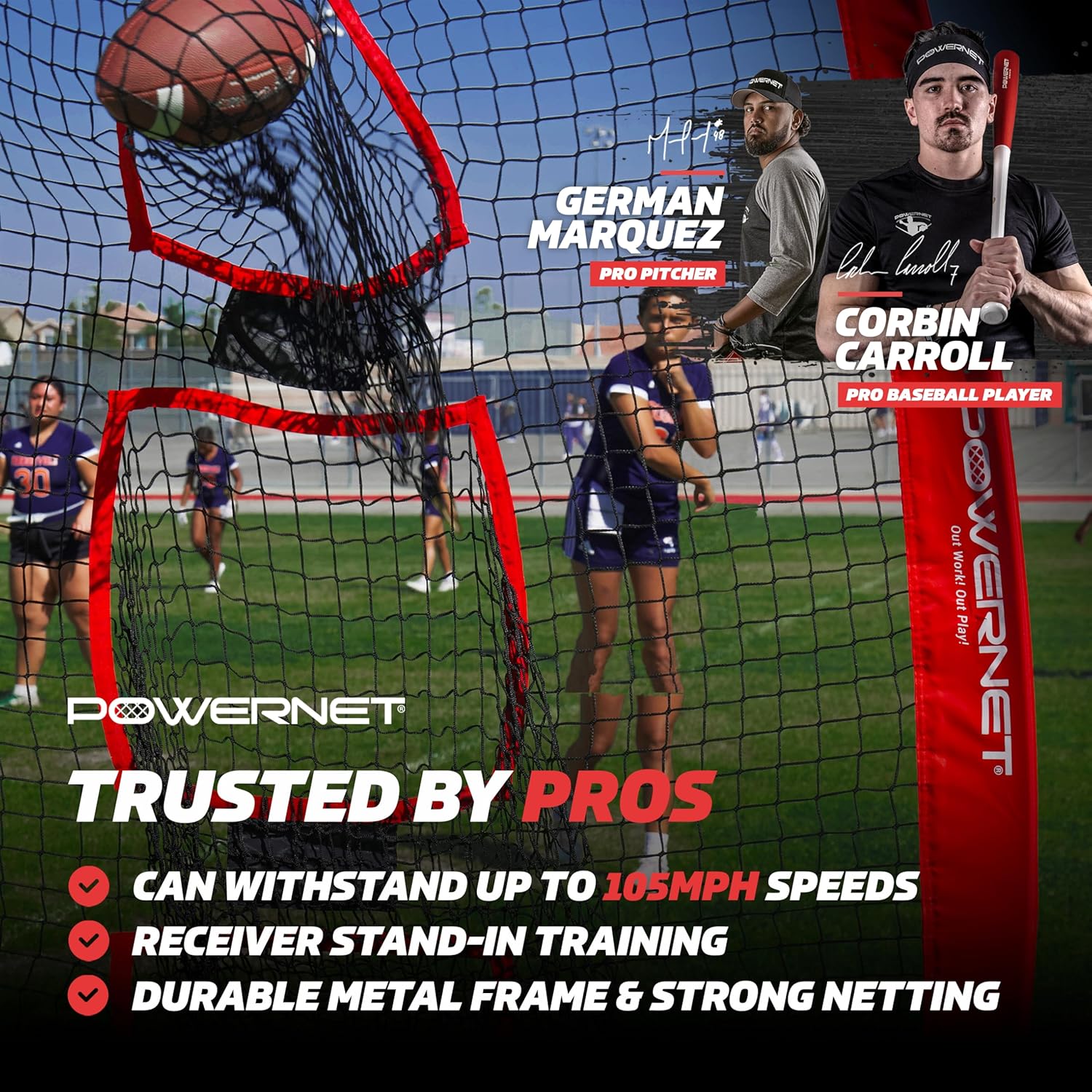 PowerNet Lacrosse & Football Passing Net, 4 x 8 FT Portable 3 Target Pocket Throwing Trainer, Football Training Equipment to Improve QB Accuracy, Throwing Net & Kicking Practice Equipment