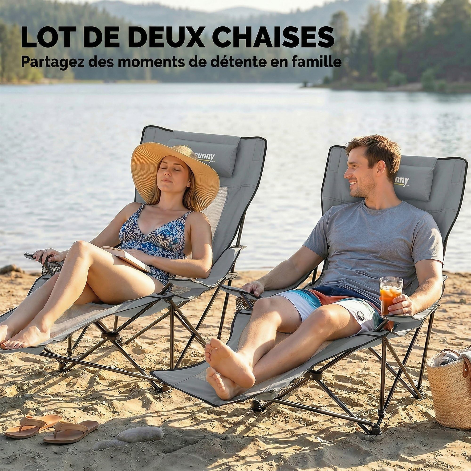 Outsunny Lot de 2 Chaises de Camping Pliantes Inclinables 4 Positions Gris | Repose-Pieds Amovible, Sac de Rangement, Porte-Gobelet, Poche Latérale, Appui-Tête