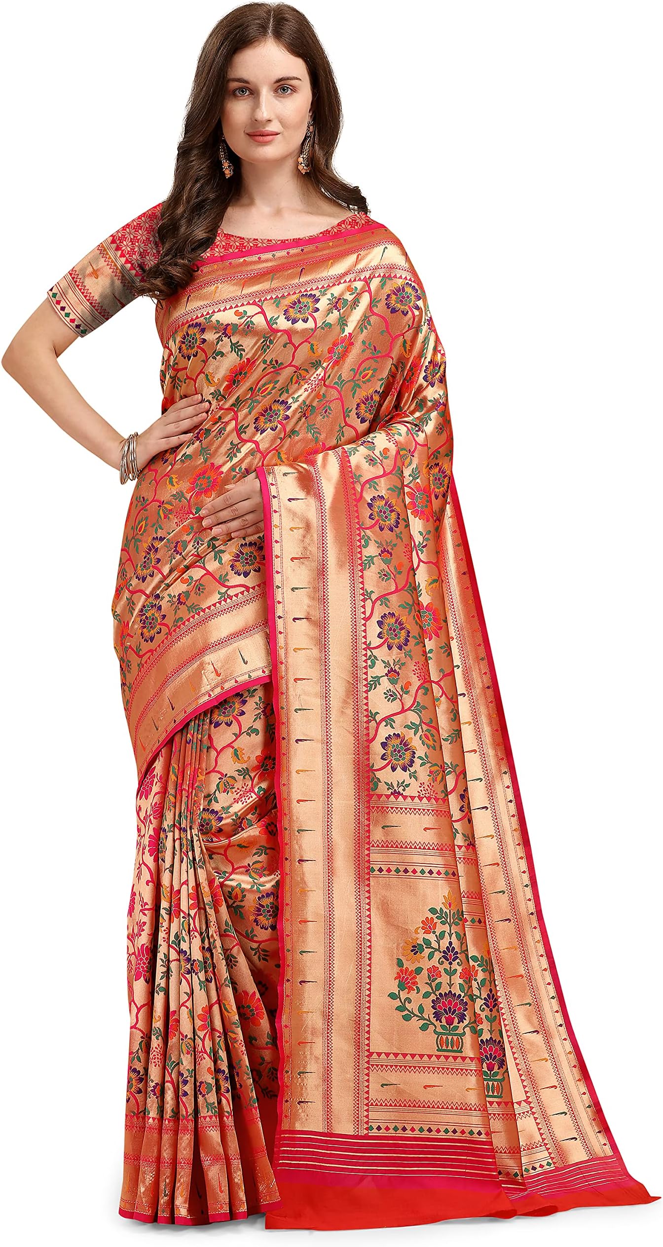 Jaanvi Fashion Women's Banarsi Silk With Zari Jacquard Work Saree & Blouse Piece
