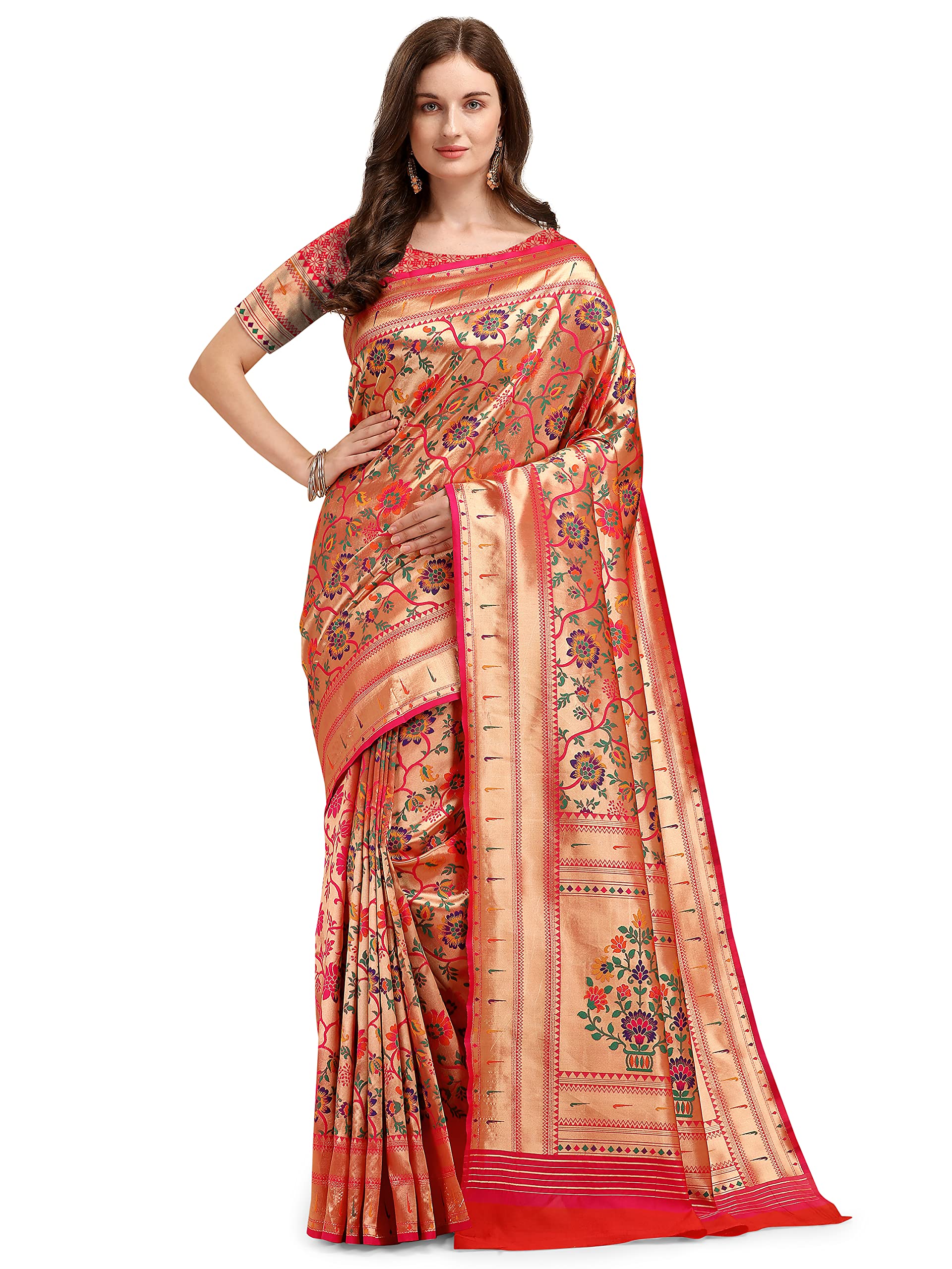 Jaanvi fashionWomen's Paithani Silk With Zari Jacquard Work Saree With Blouse Piece(tarang-paithani-pink)
