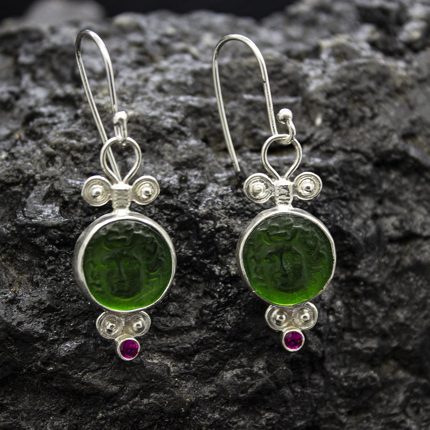 Ancient Greek Medusa Intaglio Glass Earrings | 925 Sterling Silver | Roman Art Medusa Carving Glass | Gift for Mom Earrings by Pellada