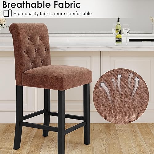 Miniatura 30 de LSSBOUGHT Juego de 2 taburetes tapizados de 24 pulgadas, taburetes de bar de tela con respaldo, sillas de bar con altura de mostrador con patas de