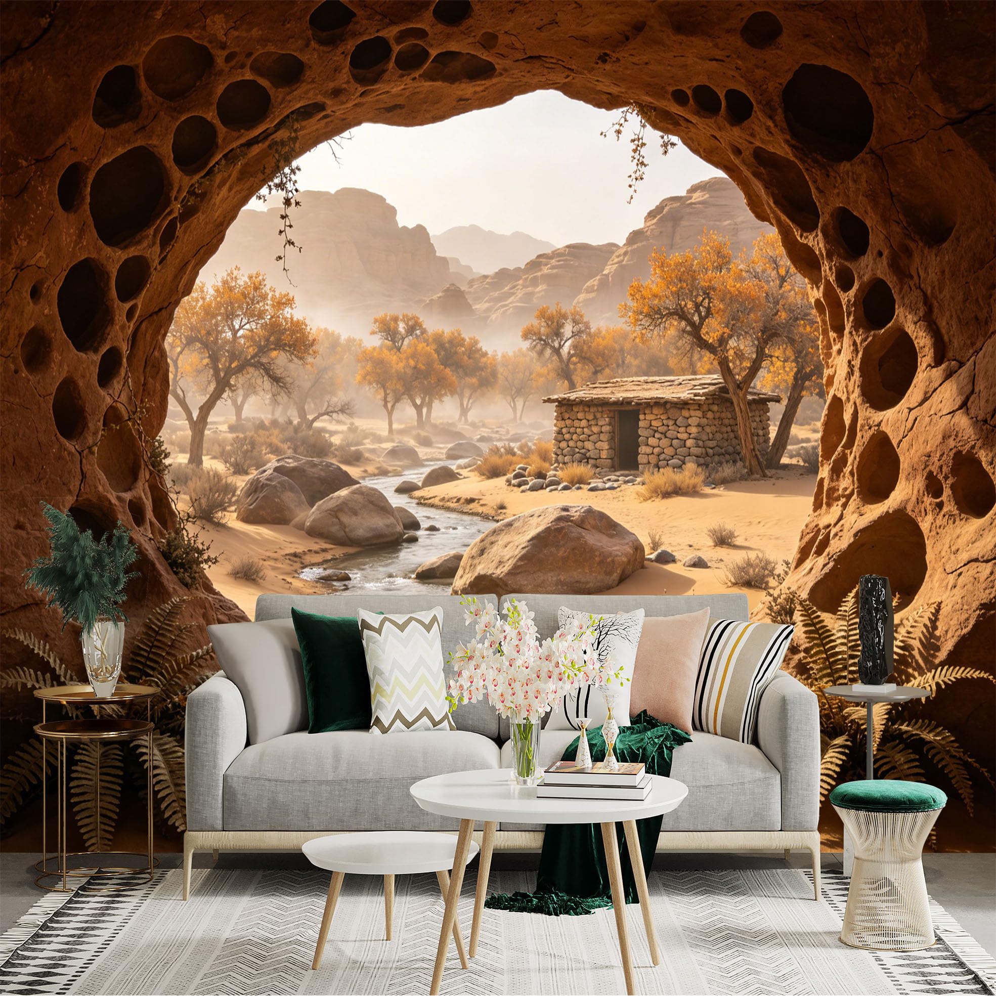 Custom Size Wall Sticker Mural， Desert Canyon with River， Stone Hut and Autumn Trees， for wall Decoration， peelandstick wall Decals.