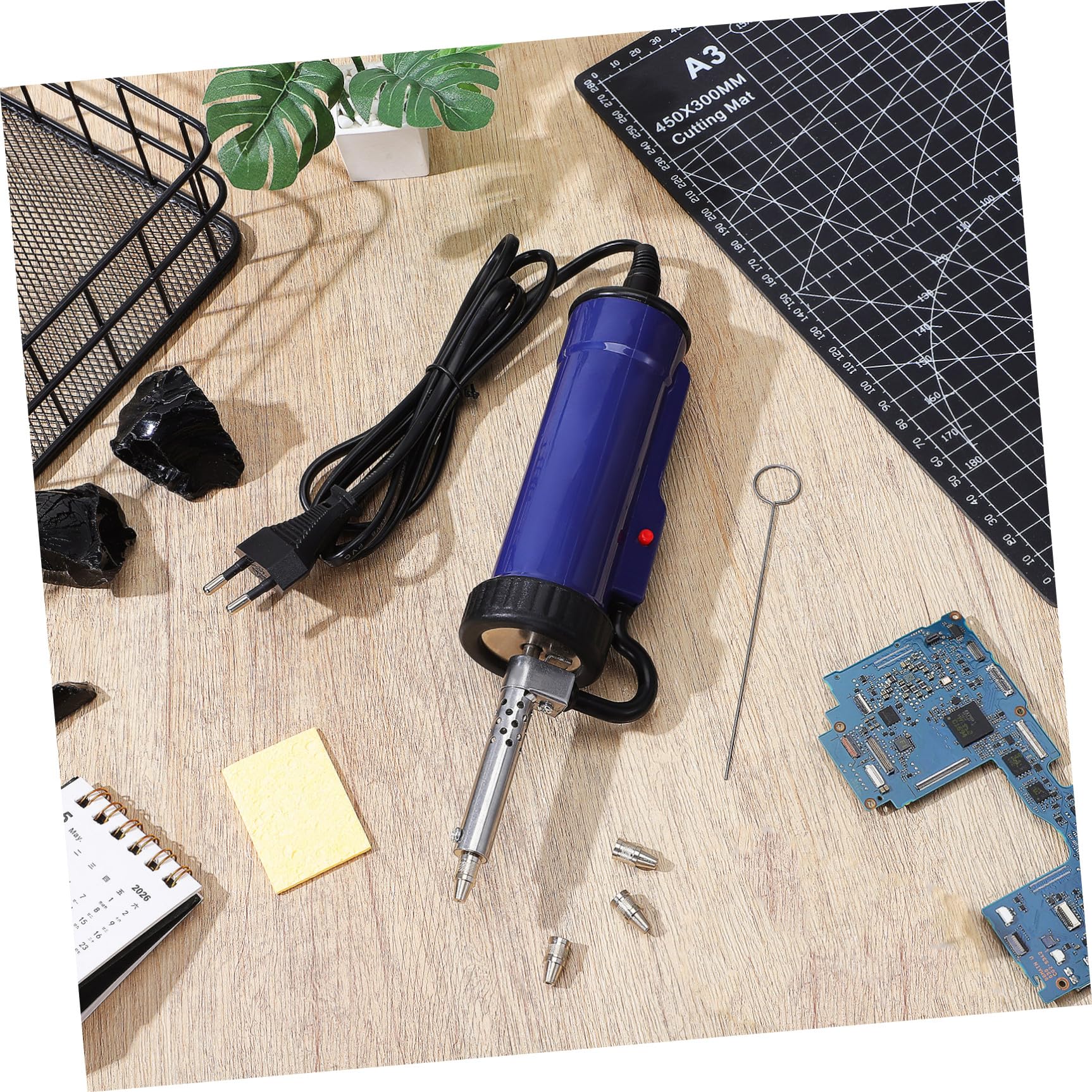 Bomba Desoldadora Eléctrica Portátil para Mantenimiento de Electrodomésticos con Ventosa Azul, Simple y Accesorios con Boquillas Reemplazables de Acero Inoxidable