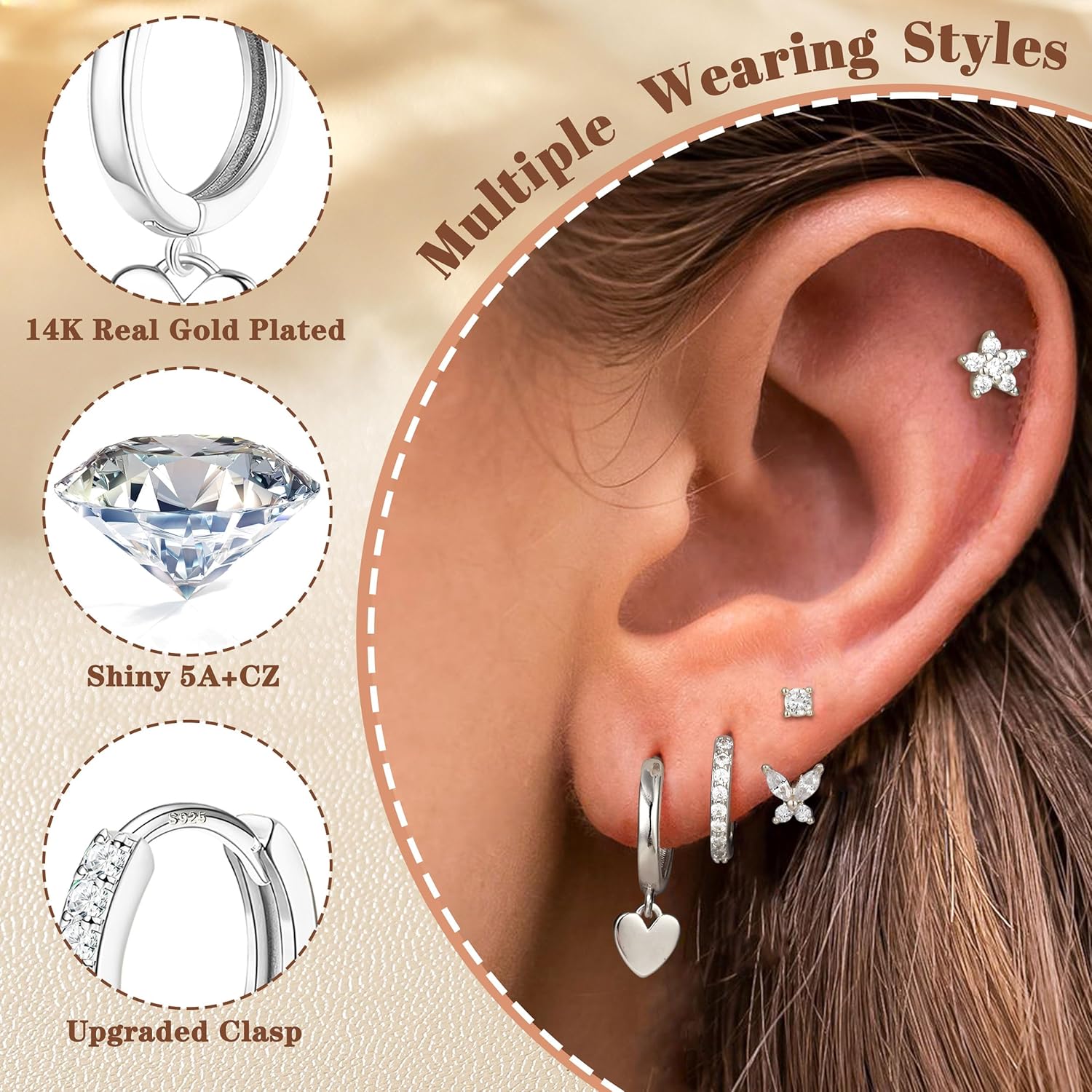 4 Pairs Sterling Silver Hypoallergenic Earrings for Women 14K Gold Plated Stud Hoop Earrings Stacks for Multiple Piercings Sensitive Ears Cartilage Huggie Earring Jewelry Gifts - Image 2
