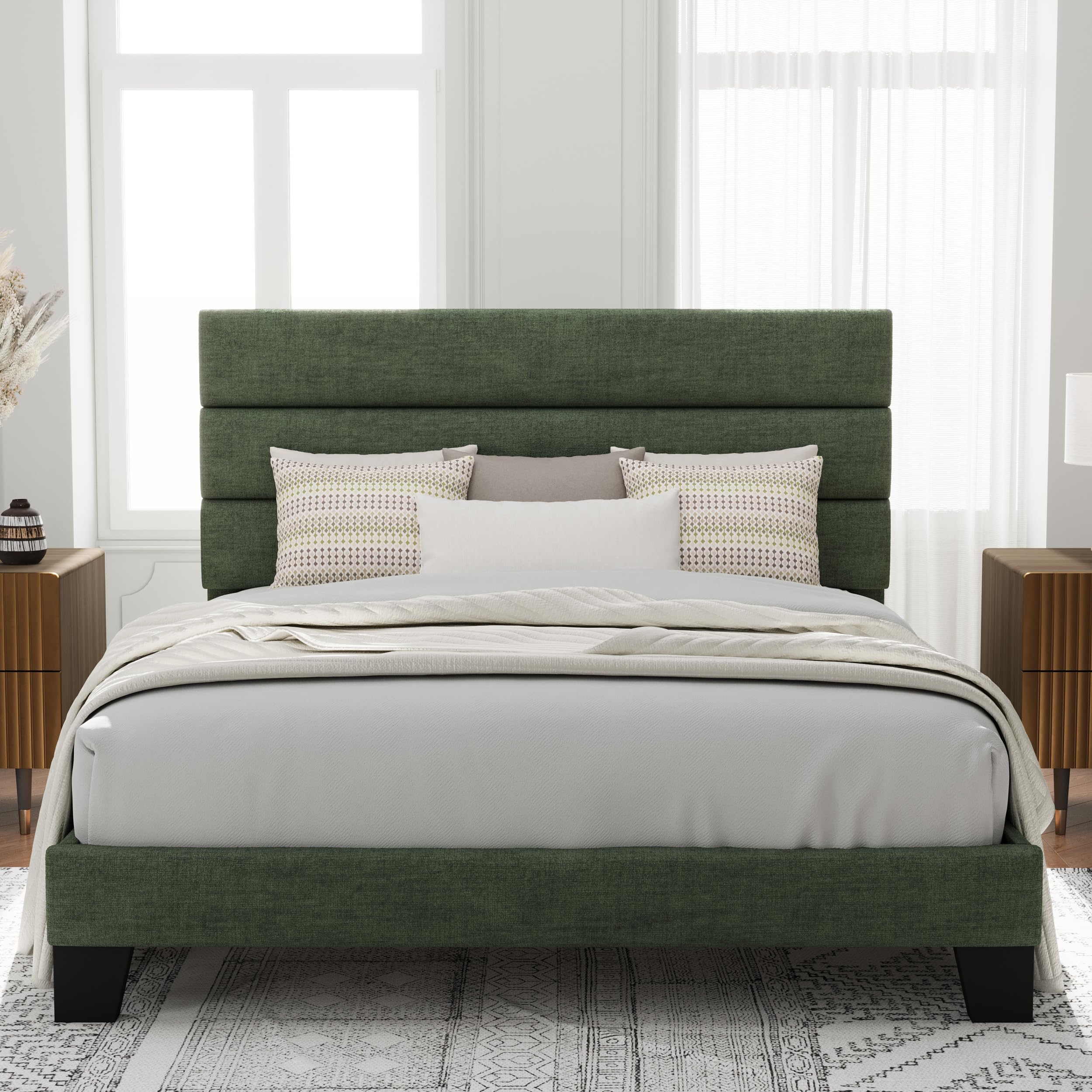 allewie full size platform bed frame with fabric upholstered headboard and wooden slats support, fully upholstered mattress foundation/no box spring needed/easy assembly, green