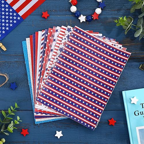 Miniatura 7 de Whaline 14 hojas de piel sintética para el 4 de julio, diseño de estrellas y rayas, cuero sintético con lentejuelas y lentejuelas, manualidades para