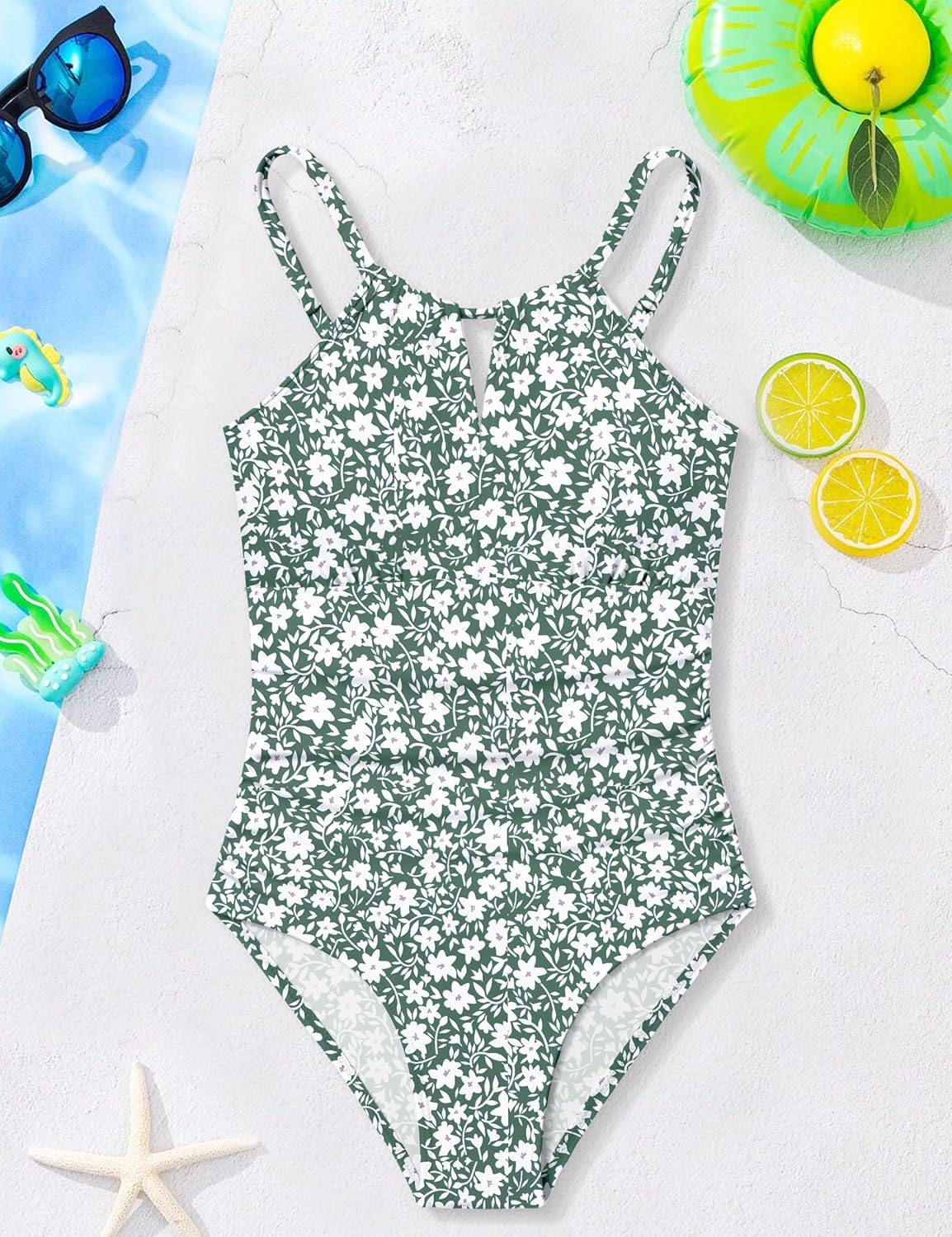 Girls Swimsuit One Piece Girls Bathing Suit Adjustable Straps Solid Modest Ruched Full Coverage Padded Swimwear 9-16y - Image 6