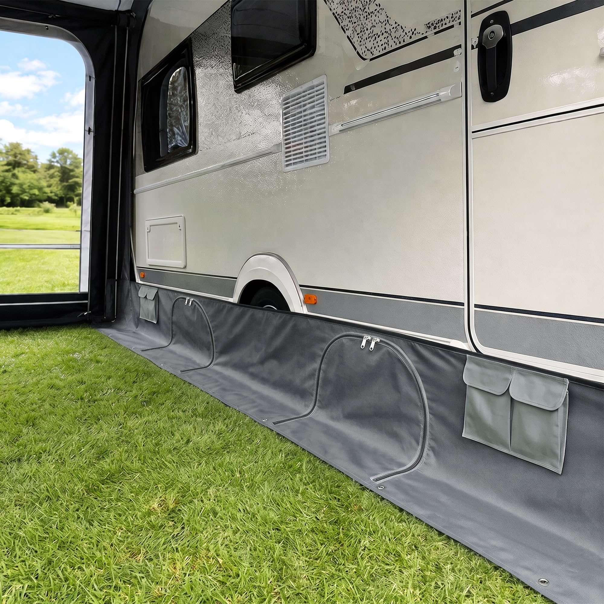 your GEAR Draftskirt – Delantal de suelo para caravana, 650 x 60 cm, con compartimentos de almacenamiento