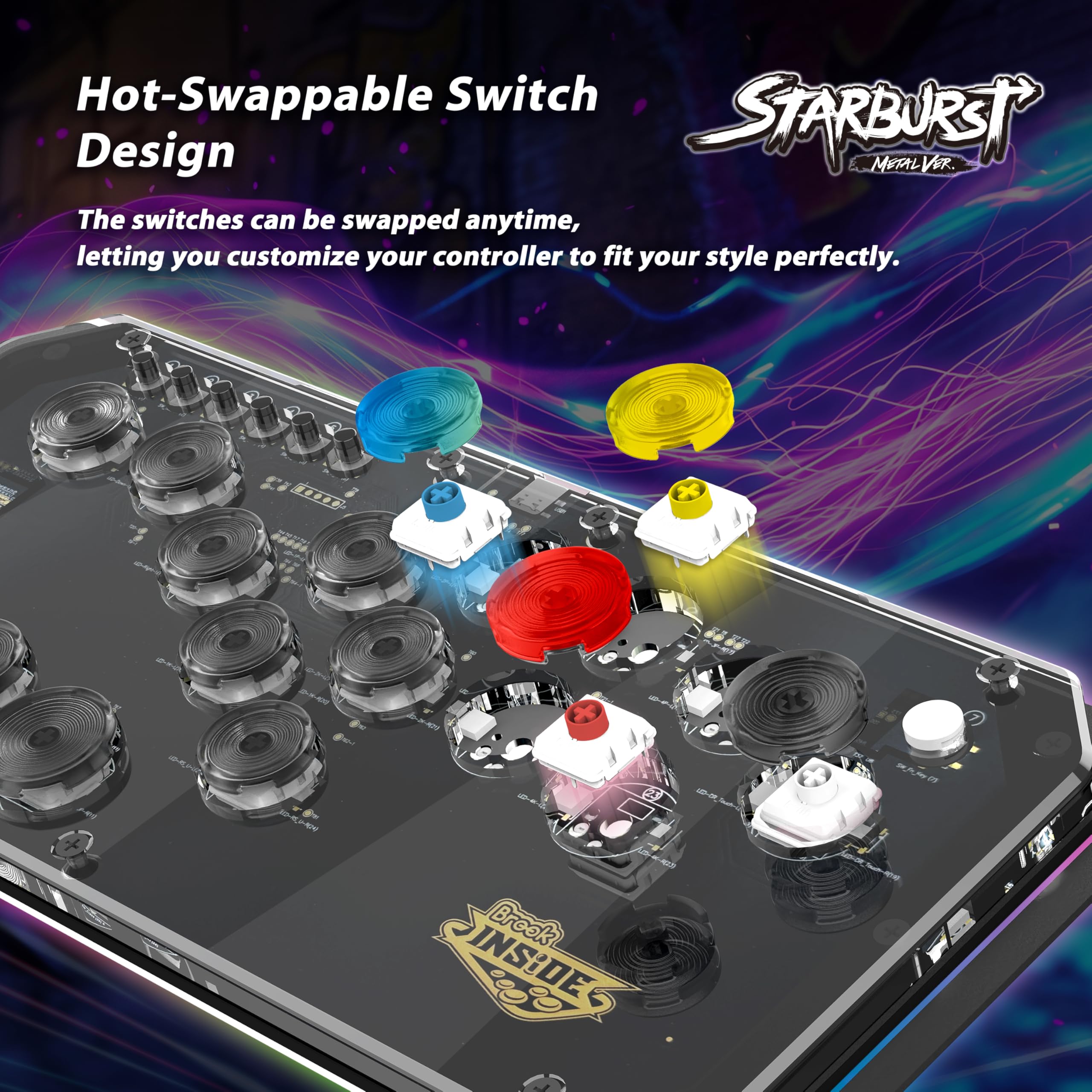 Brook Fighter Starburst Metal Ver. All-Button Arcade Controller for PS5, PS4, Xbox Series X|S, NS, NS2 & PC, Metal Side Handles, Hot-Swappable Switches, RGB Lighting, Officially Licensed (Noir)