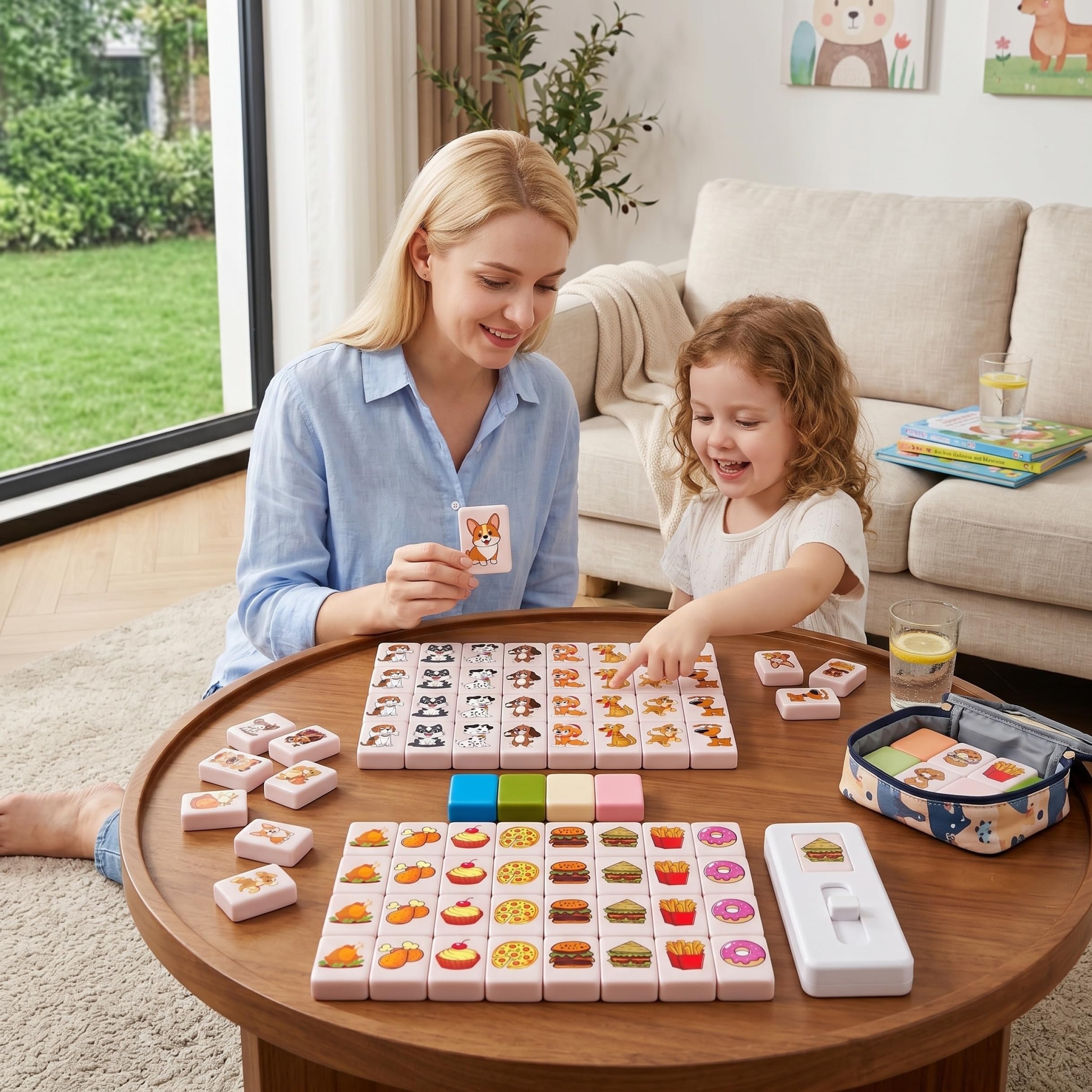 Mahjong, Ensemble de Jeu de Mahjong 65 pièces, Carreaux Dessin animé Mignons pour Chiens et Aliments, Jeu Puzzle Portable pour la Famille et la fête, 24mm