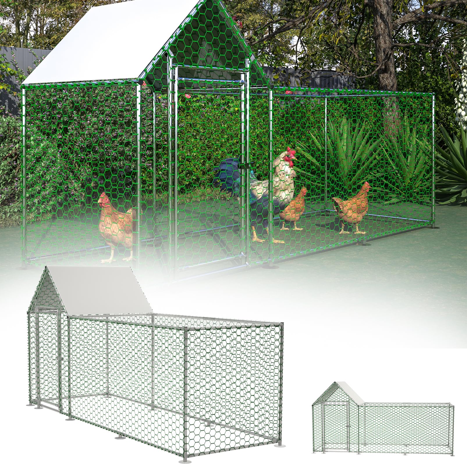 Pollaio per Galline da Esterno, 3x1x1.5m Recinto per 8-12 Galline in Acciaio Zincato, Gabbia per Polli con Tetto Impermeabile Anti-UV Mangiatoia Serratura per Piccoli Animali Conigli Anatre