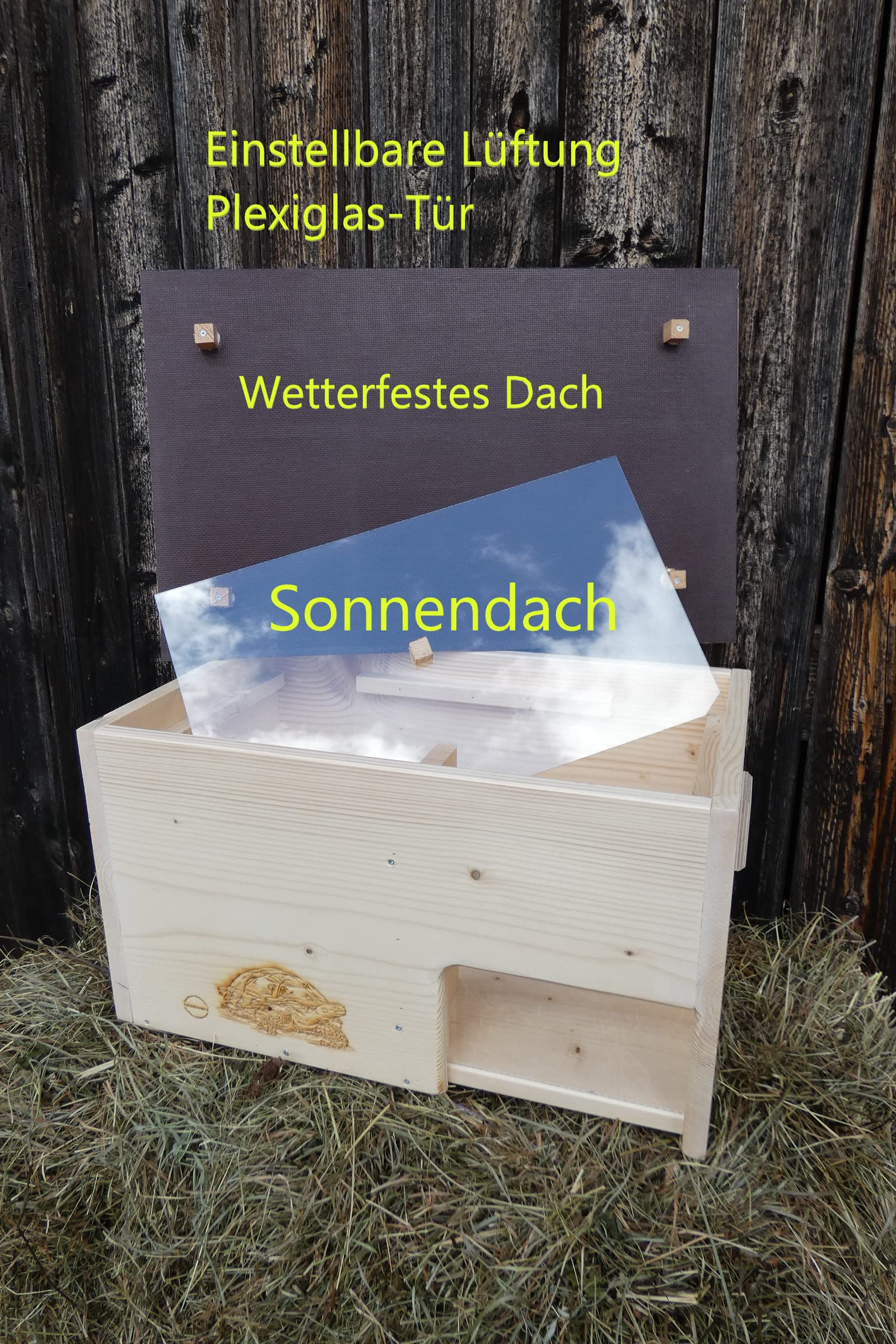 Schildkröte Premium Schildkrötenhaus XXL (L:60cm; B.40cm; H:31cm) mit Sonnendach, Windfang, Einstellbarer Belüftung und Plexiglastor 18mm Vollholz Fichte