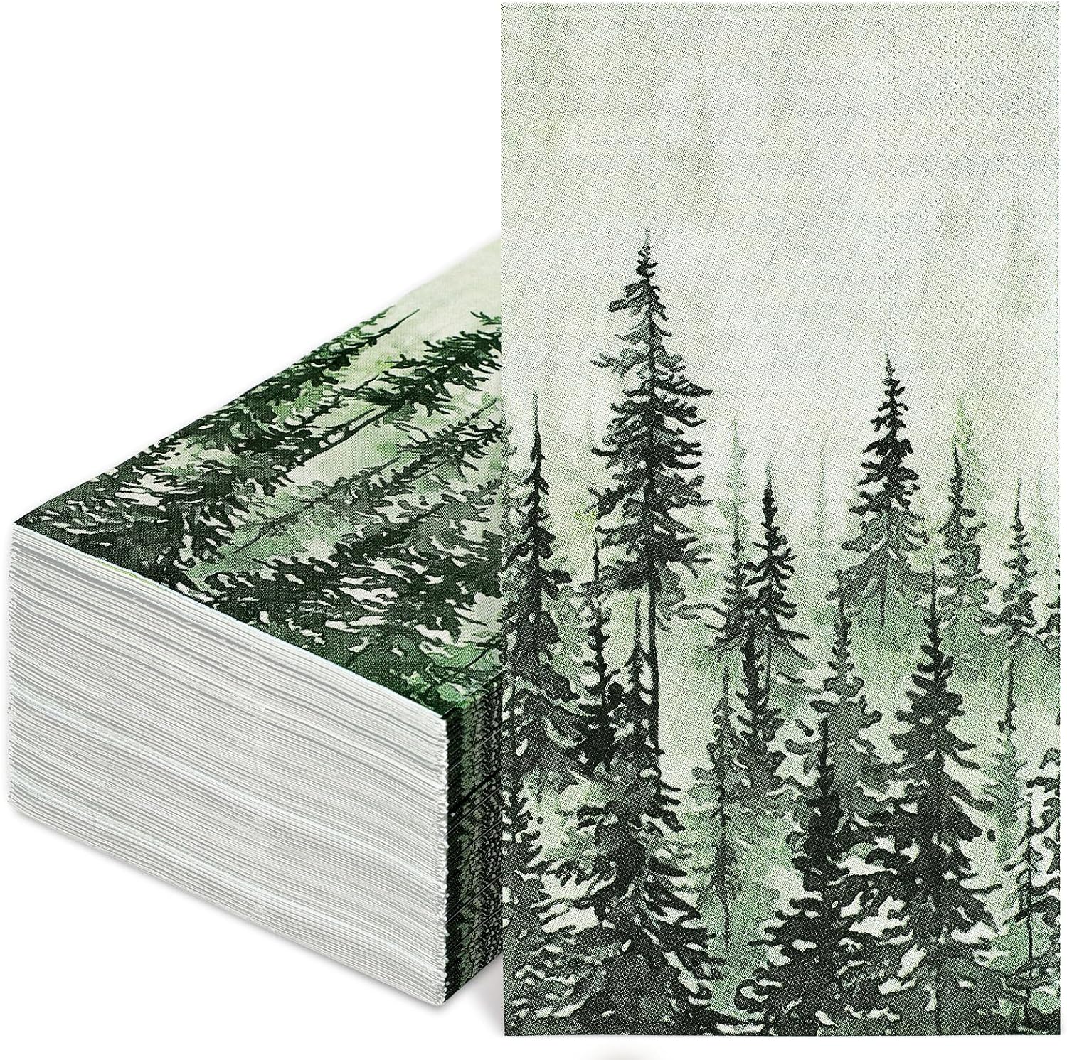 JarThenaAMCS 100Pcs Green Misty Forest Guest Napkin Woodland Disposable Napkin Watercolor Pine Tree Dinner Paper Hand Towel for Home Kitchen Bathroom Holiday Party Supplies