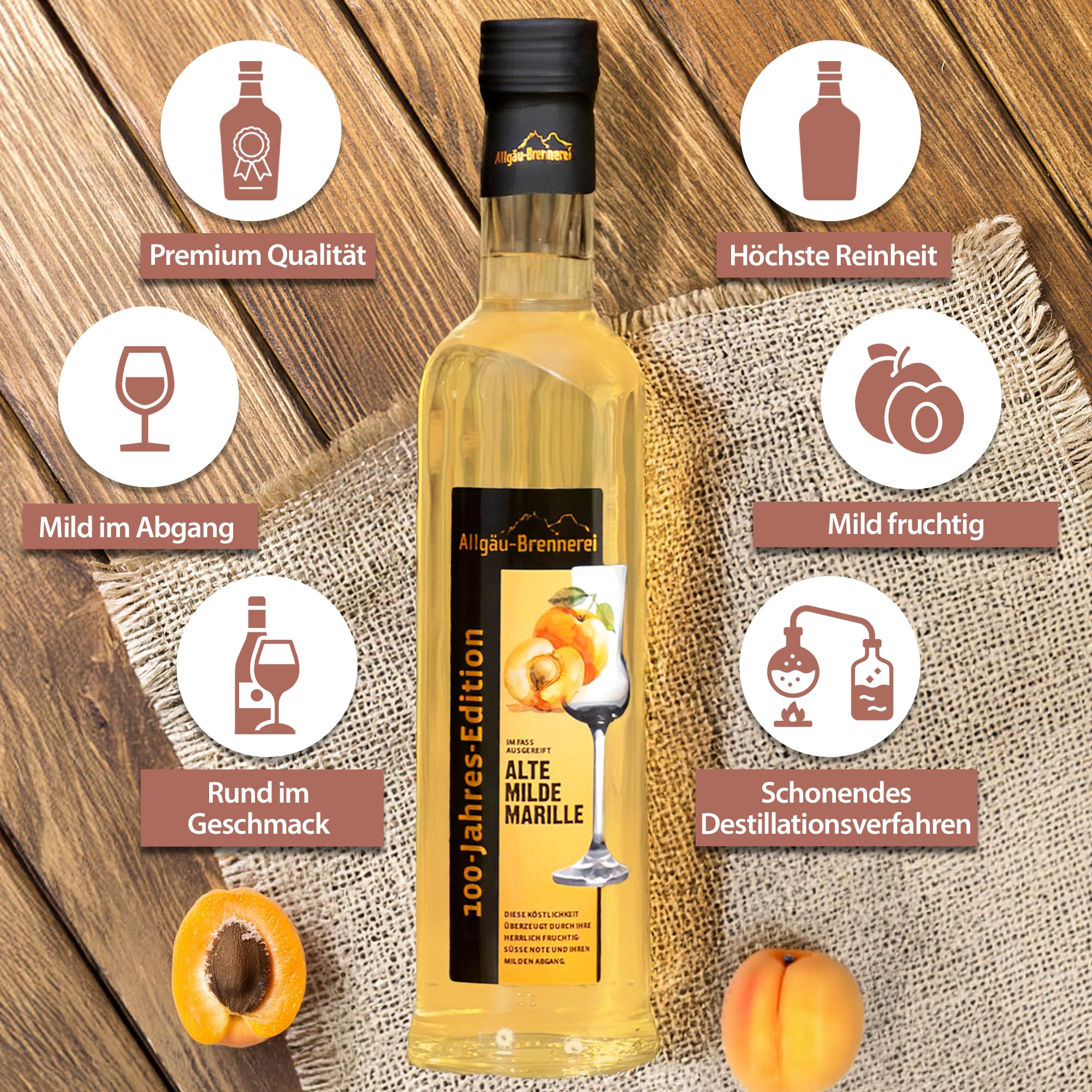 Allgäu-Brennerei Alte Milde Marille Schnaps im Fass gereift 6x0,5L Vorteilsset - Handgemacht & Regional, Milder und Fruchtiger Marillenschnaps, Alte milde Marille, Allgäu-Brennerei Spezialität