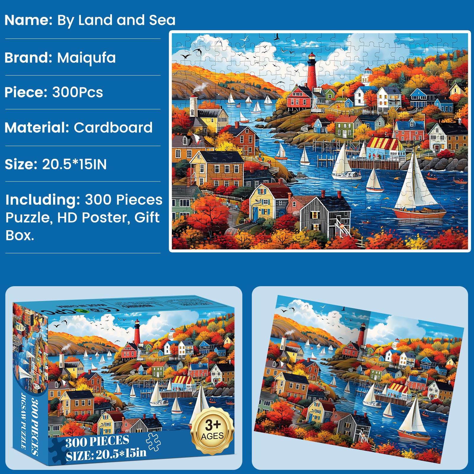 300 Pieces Puzzle for Adults | Town in Autumn Puzzle | Recycled Cardboard Large Piece Jigsaw Puzzles 300 Pieces | Challenging Game Home Decor Birthday Party Gift Toy for Adults Kids Seniors 20.5*15 in
